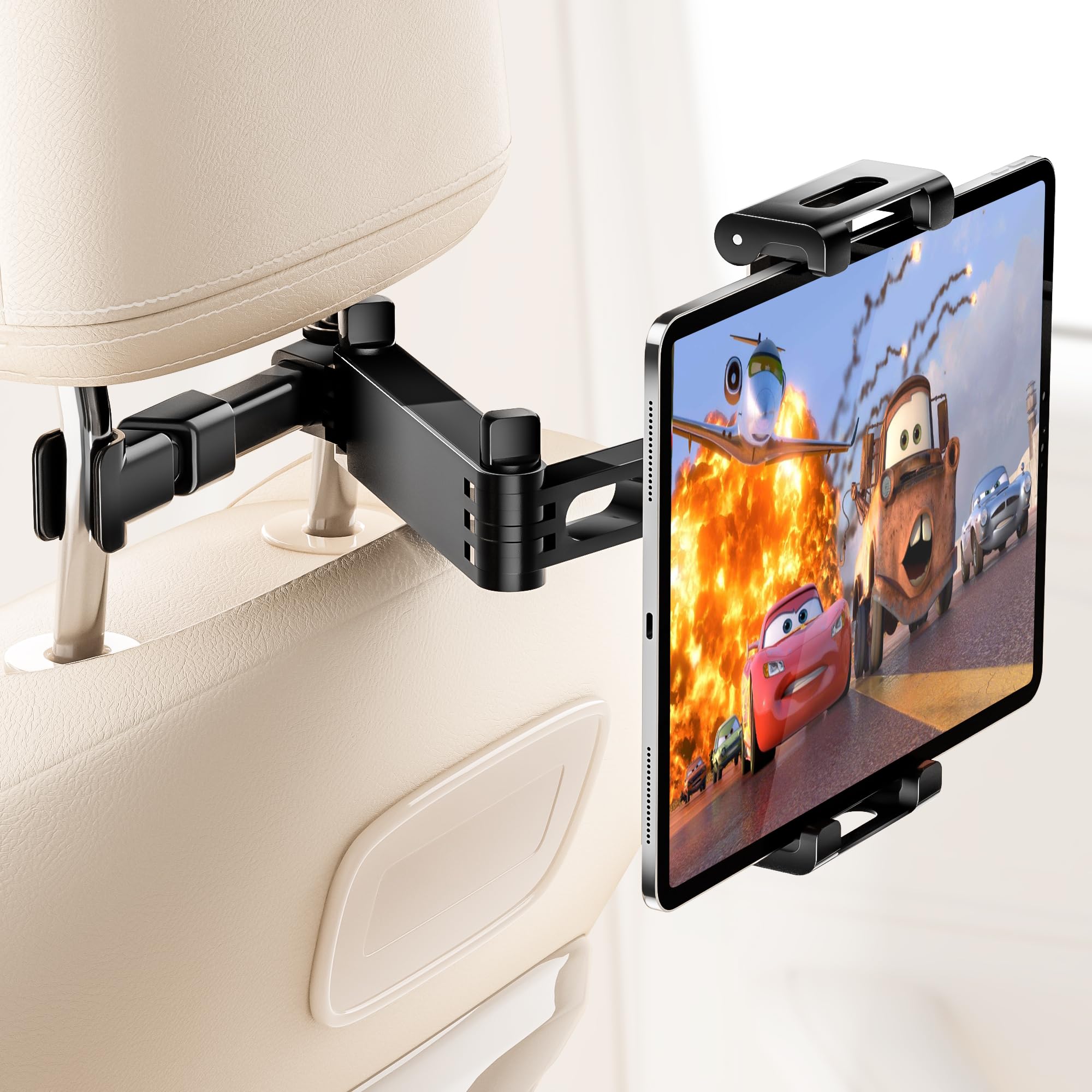BKWITY Tablet Holder for Car Headrest, ipad Car Holder Back Seat [3 in 1 Extension Arm], 360° Rotating Adjustable Road Trip Essentials for 4.7-11