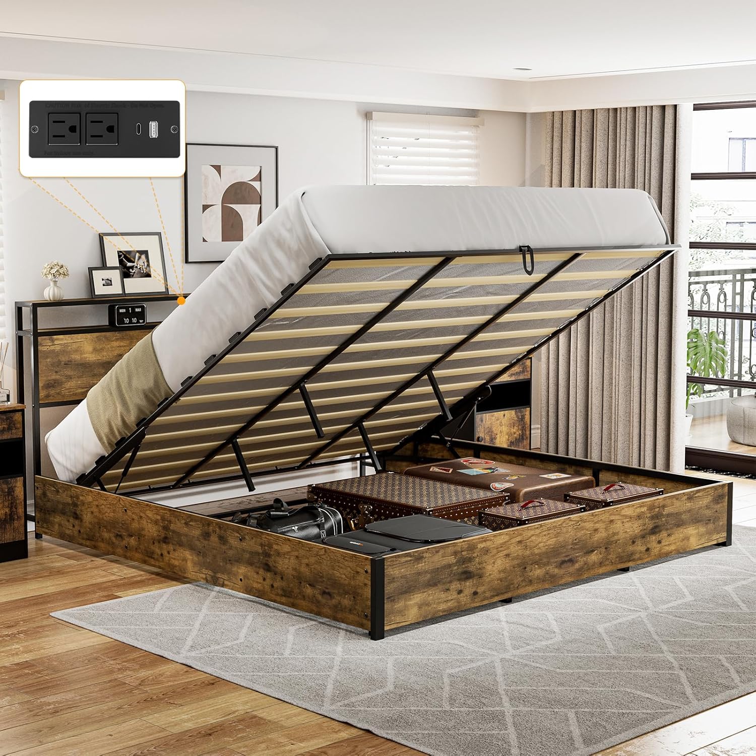 AOVSA King Size Lift Up Storage Bed Frame, Metal and Wood King Platform Bed with