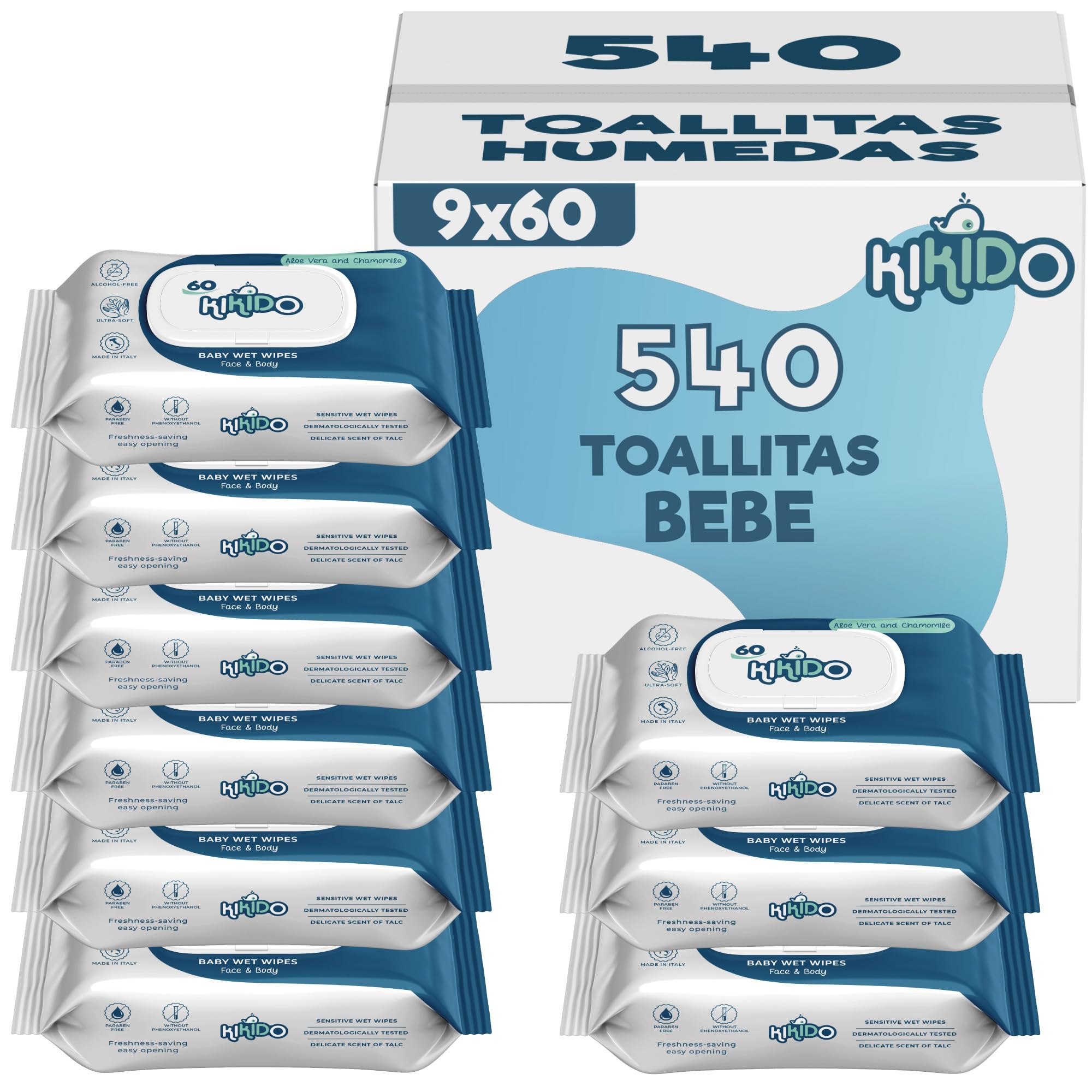 Kikido Toallitas Bebe - 540 Toallitas Humedas, 9 Paquetes de 60 Toalla Bebe Recien Nacido - Higiene Bebé Baby Wipes - Fórmula Suave para Pieles Sensibles