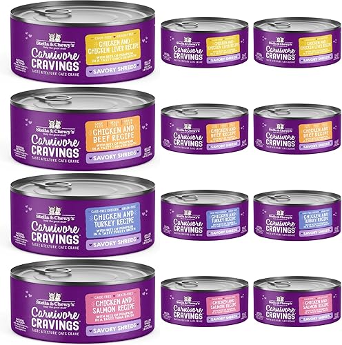 Stella & Chewy's Carnivore Cravings Savory Shreds Latas - Sin granos, ricos en proteínas, comida húmeda para gatos sin jaulas (pollo, carne de res,