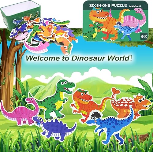 Miniatura 2 de Paquete de 6 rompecabezas de madera de dinosaurios para niños pequeños, actividades de aprendizaje preescolar, juguetes para niños de 3, 4, 5,