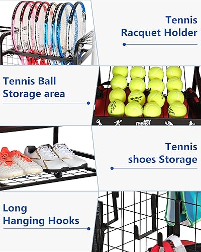 Miniatura 3 de Mythinglogic Estante de almacenamiento para bolsas de tenis, raqueta de tenis y organizador de pelotas, soporte para equipo de tenis para garaje