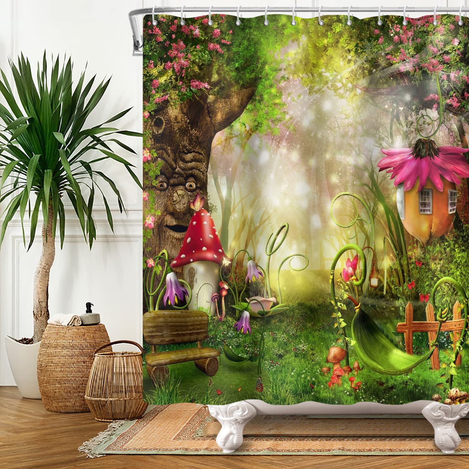 Bovlleetd Spring Fairy Tales Shower Curtain Enchanted Talking Tree Mushroom Shower Curtain for Bathroom Green Lawn Plant with Flowers Sunshine Bath Curtain Accessories 72Wx72L — image 1