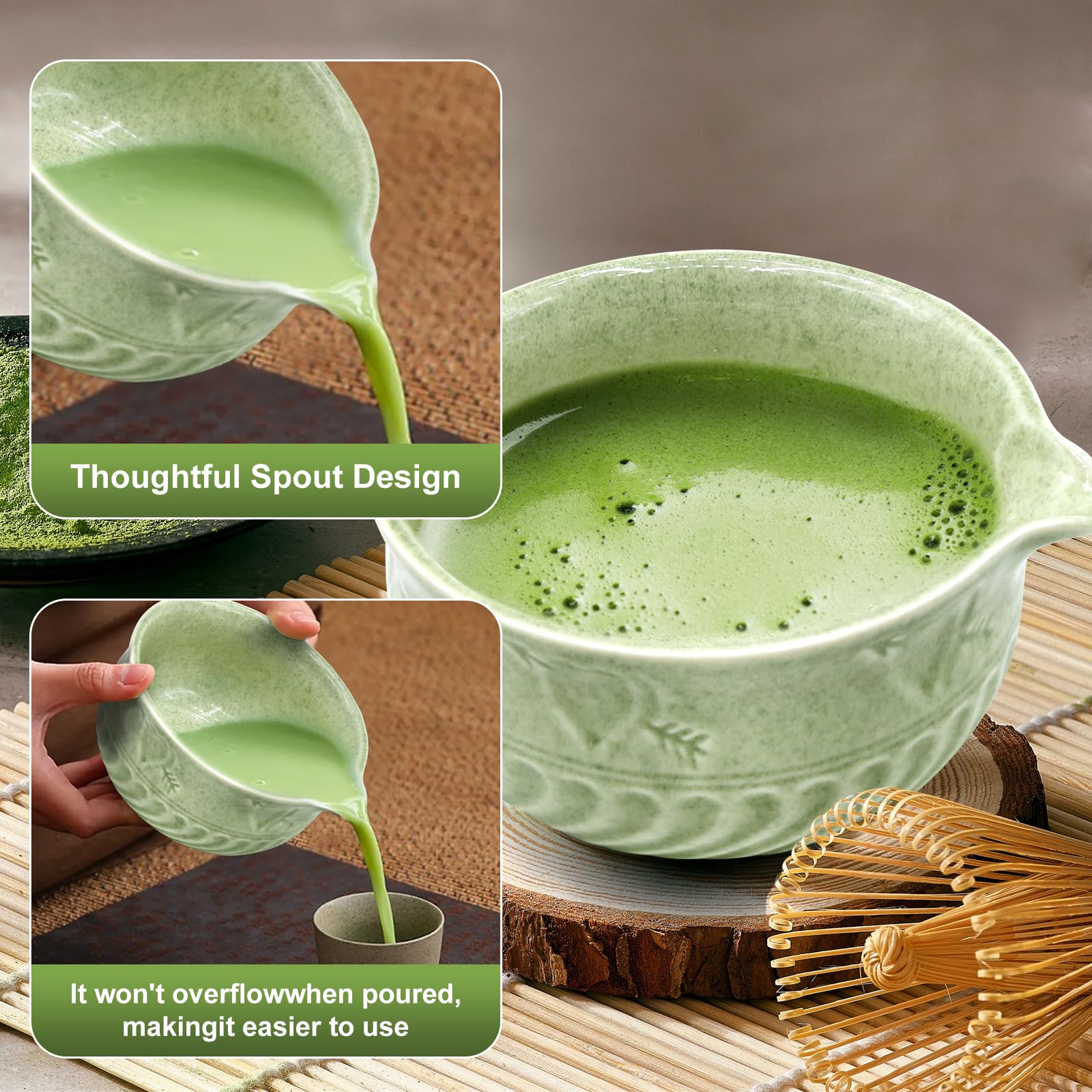 5 piezas Matcha set, Juego de té Japonés Premium, Matcha Kit con Batidor Te Matcha Cuchara Te Matcha Soporte de Batidor de Cerámica, para Amantes del té(Color matcha)