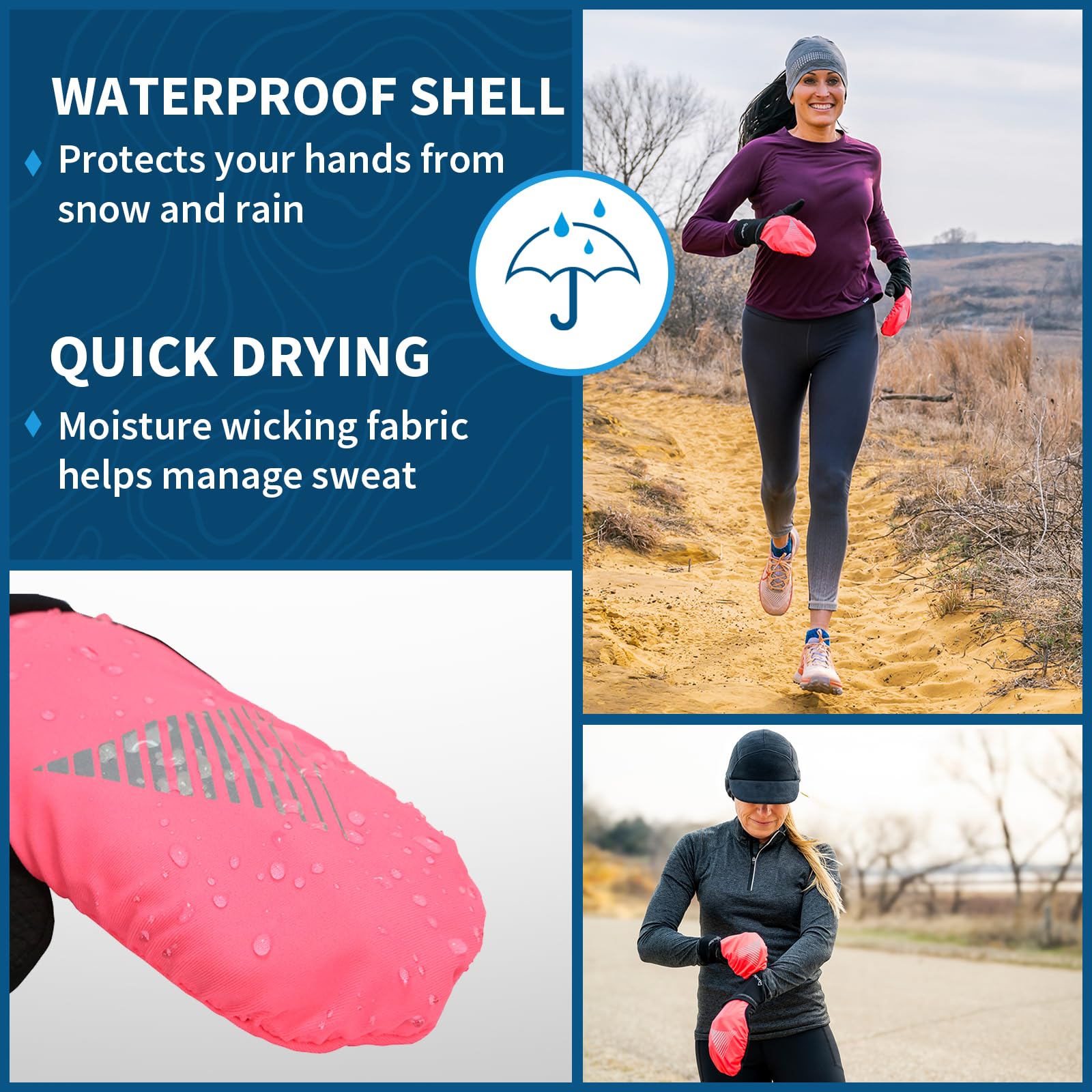 TrailHeads Gants de course pour femme avec doigts tactiles et coque imperméable convertible – pour l'hiver, réfléchissant, chaud