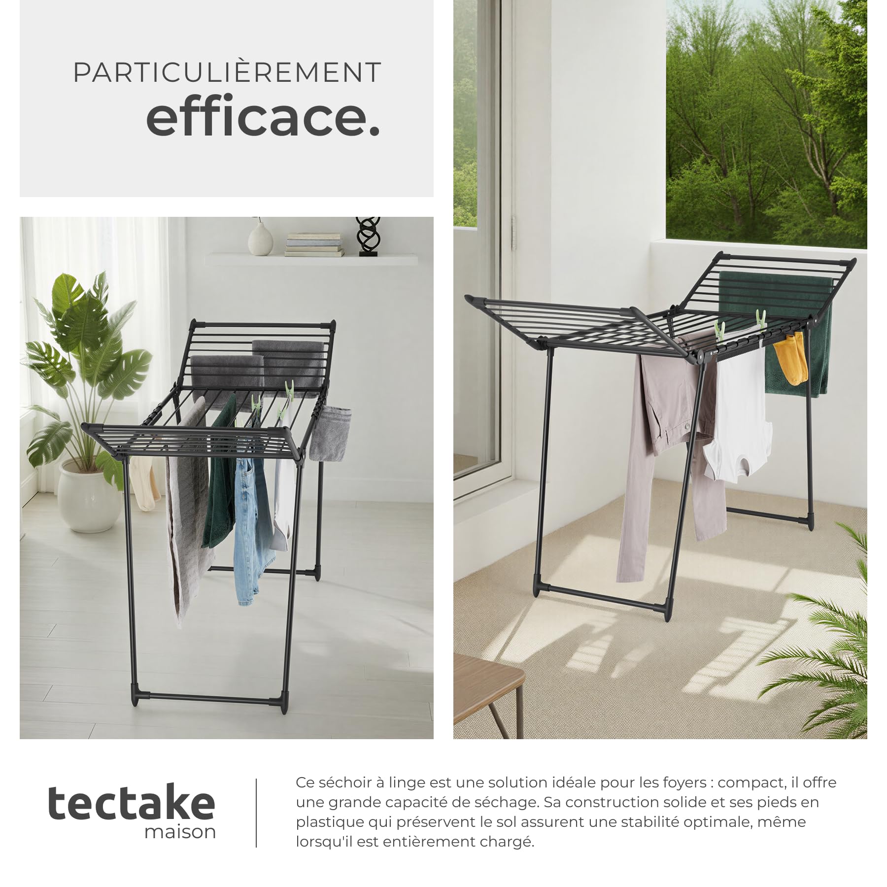 tectake® Etendoir Linge Interieur & extérieur Séchoir à Linge Pliable avec etendage de 1,80m, Etendoir Chaussette & Petites pièces Rangement buanderie pour lessive Organisation Maison - Noir