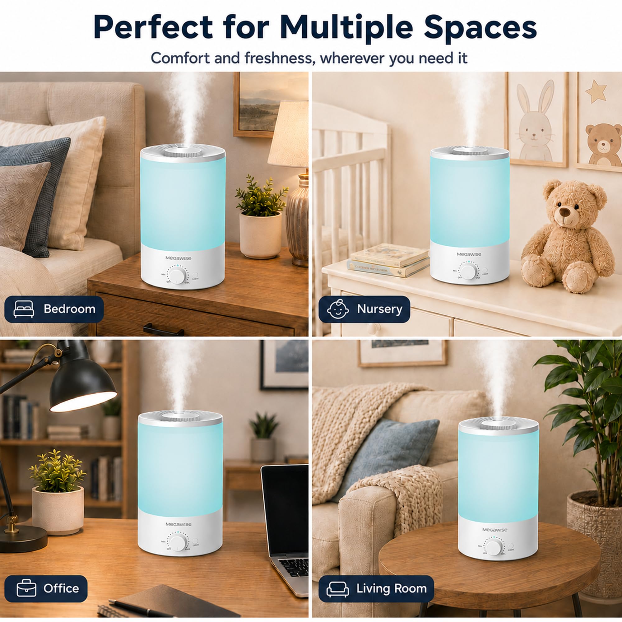 Humidificador de niebla fría H1 - xit (blanco) megawise 3,5 litros, relleno superior, gran capacidad, fácil y seguro, fácil de usar en casa