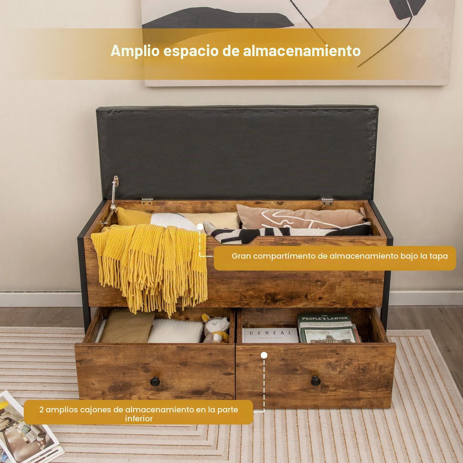 GOPLUS - Banco de almacenamiento de madera con asiento acolchado, carga de 150 kg, caja de almacenamiento estilo industrial con 2 cajones, bisagra de seguridad