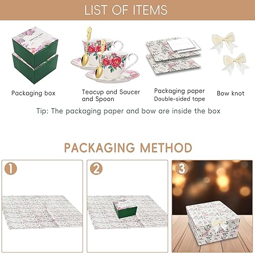 Miniatura 5 de Tazas de té y platillos, juego de tazas de café de porcelana floral de hueso de 7.5 onzas con cuchara, tazas de té de jardín vintage con ribete