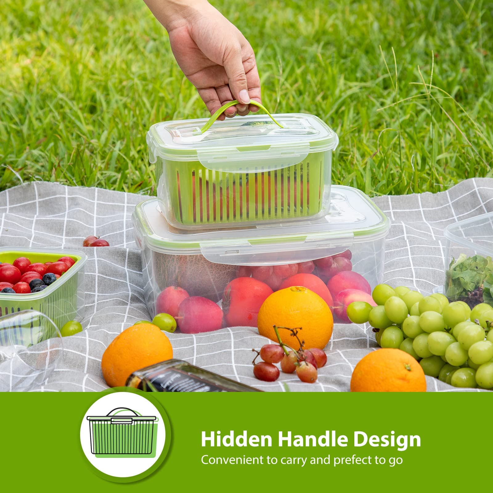 Luxear Set di 5 Contenitori Frigorifero con Scolapasta e Coperchio, Verde | Contenitore Plastica Senza BPA per Alimenti Freschi Insalata Verdura Frutta Formaggio, Adatto al Microonde e Lavastoviglie