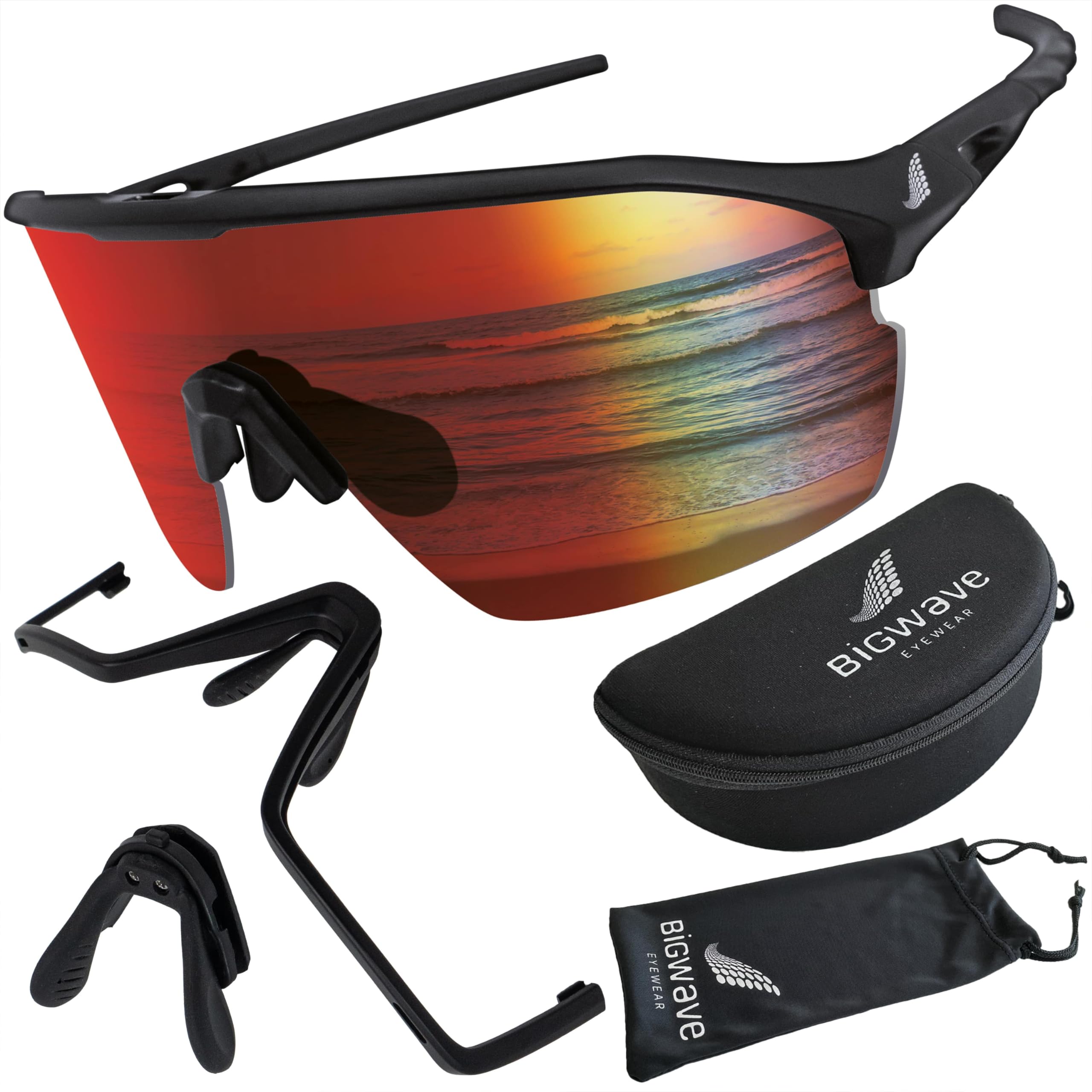 BIGWAVE Okulary sportowe z nietłukącego się grilamidu TR90 – z czerwoną lustrzaną soczewką wymienną – szybkie okulary w stylu Shield z powłoką zapobiegającą zaparowaniu UV400 dla kobiet i mężczyzn.