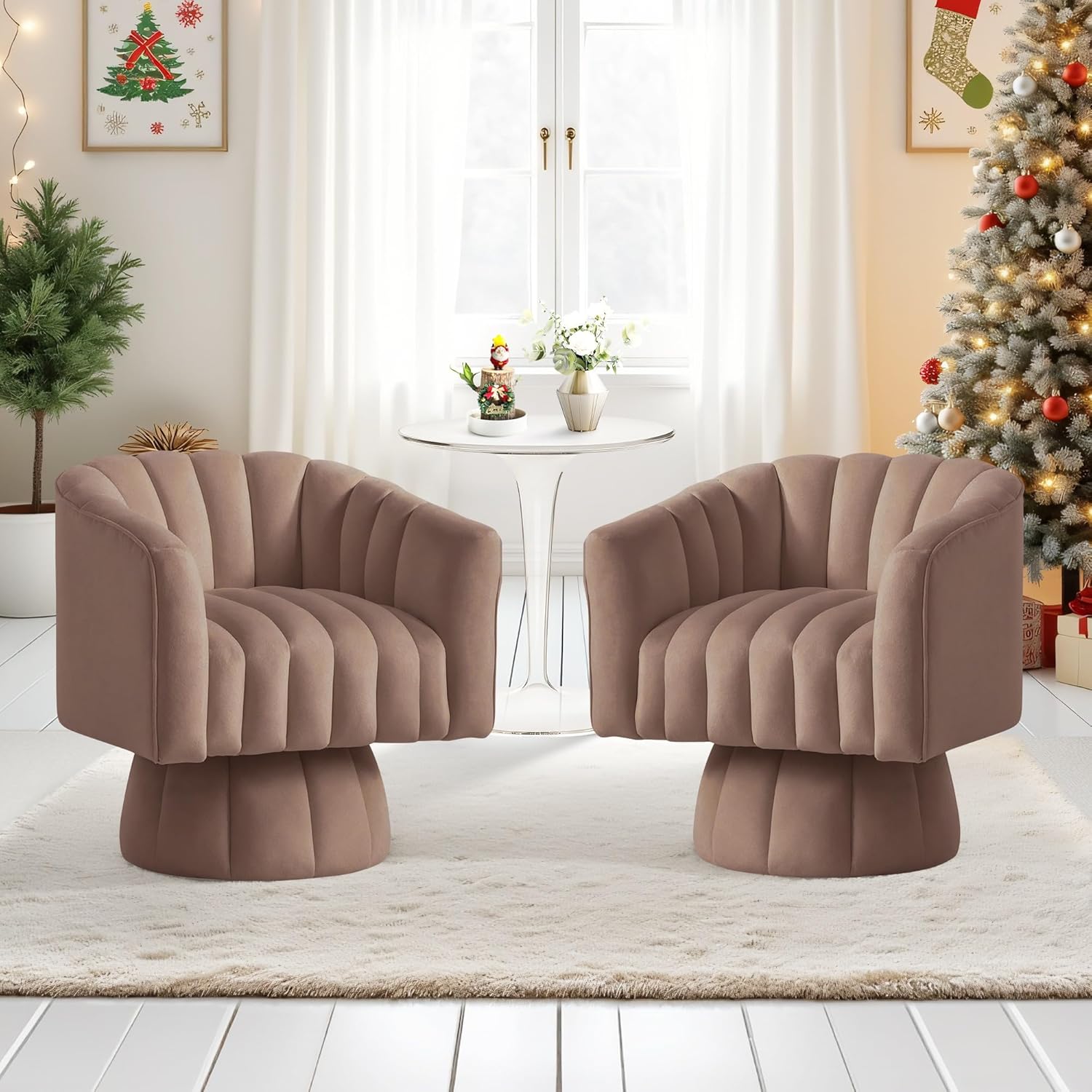 YSICK Swivel Accent Chair, 360°Swivel Barrel Chair, Modern Ottoman with Velvet Fabric, Mid-Century Ottoman with Wide Upholstered, Round Armchair for Living Room, Lounge, Bedroom,Brown