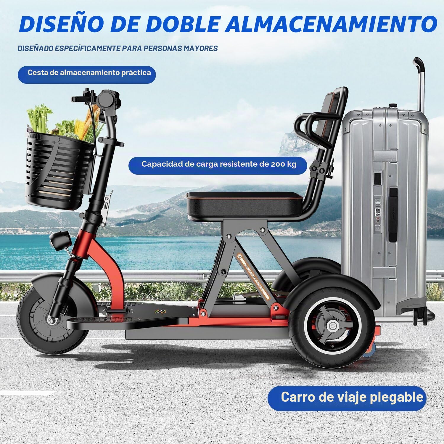 Scooter De Movilidad Eléctrico para Personas Mayores Scooter eléctrico plegable y ligero Scooter De 3 Ruedas Viene con Batería Cargador Y Cesta De Almacenam