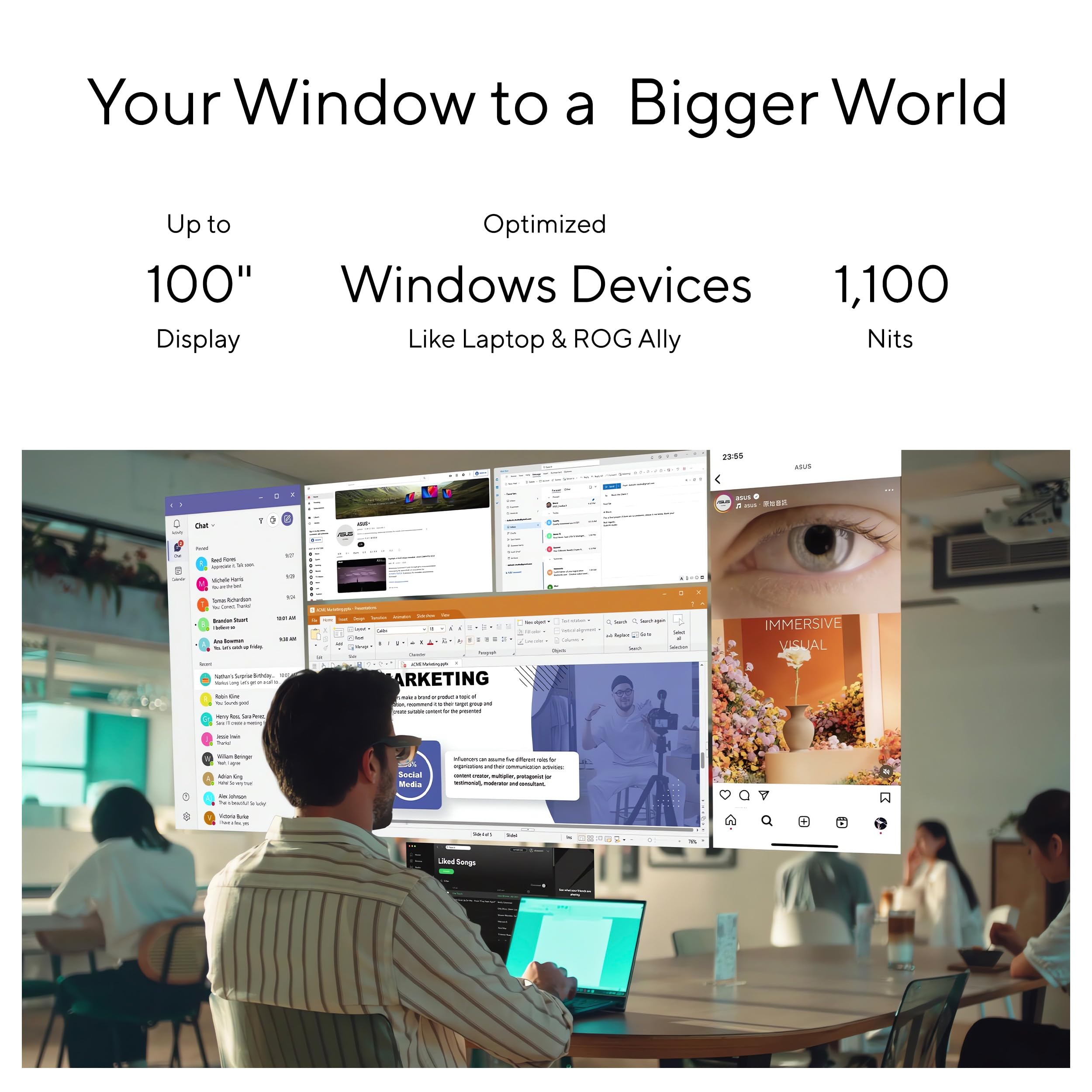 ASUS AirVision M1 Lunettes intelligentes Portables 100" 1100 nits 95% DCI-P3 compatibles ROG Ally PC Windows TÜV Rheinland