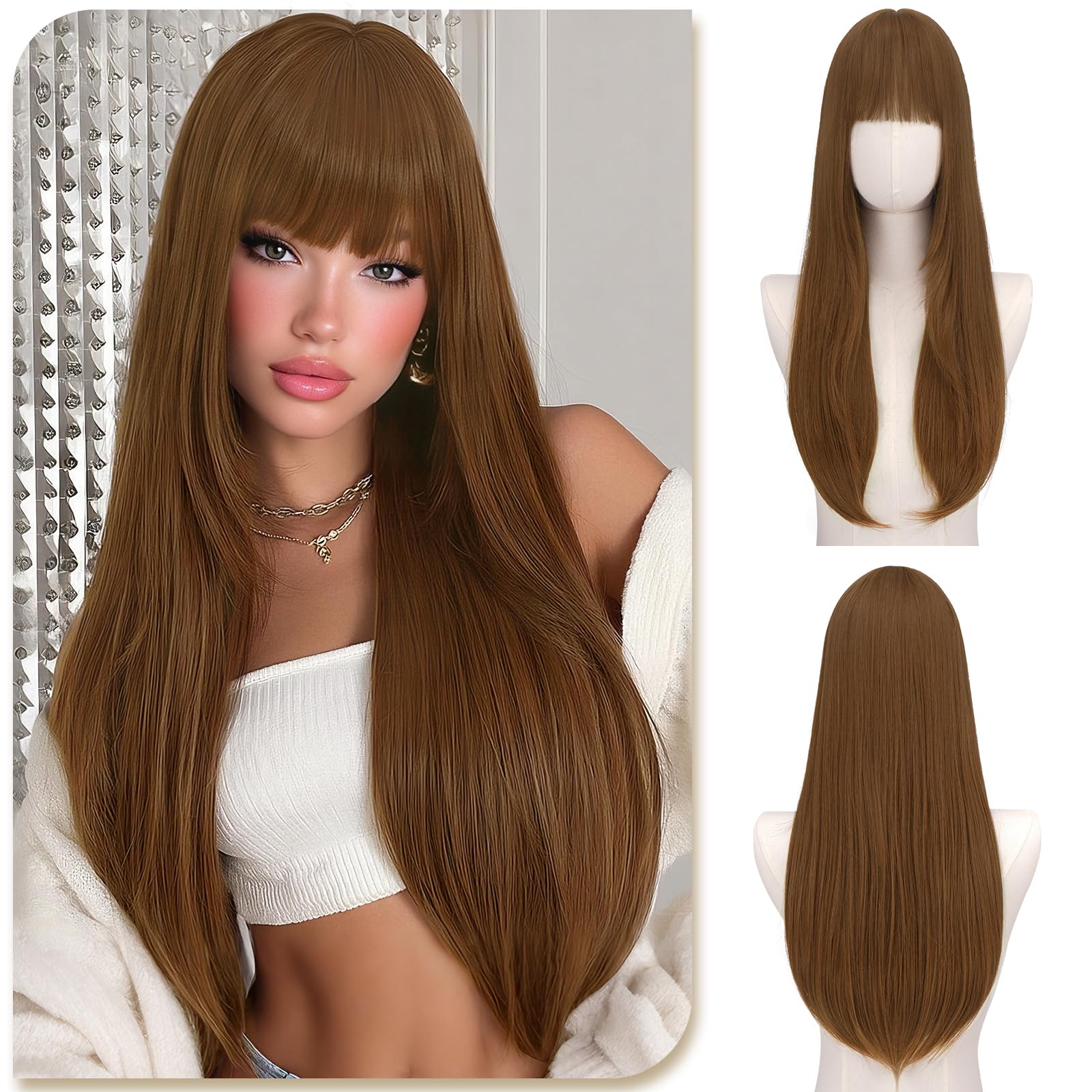 Sofeiyan Rotblond Lange Glatte Perücken mit Pony,60 cm Geschichtet Elegante Perücke,Natürliches Synthetische Perücke Damen,für Täglichen Party Cosplay und Feiertage