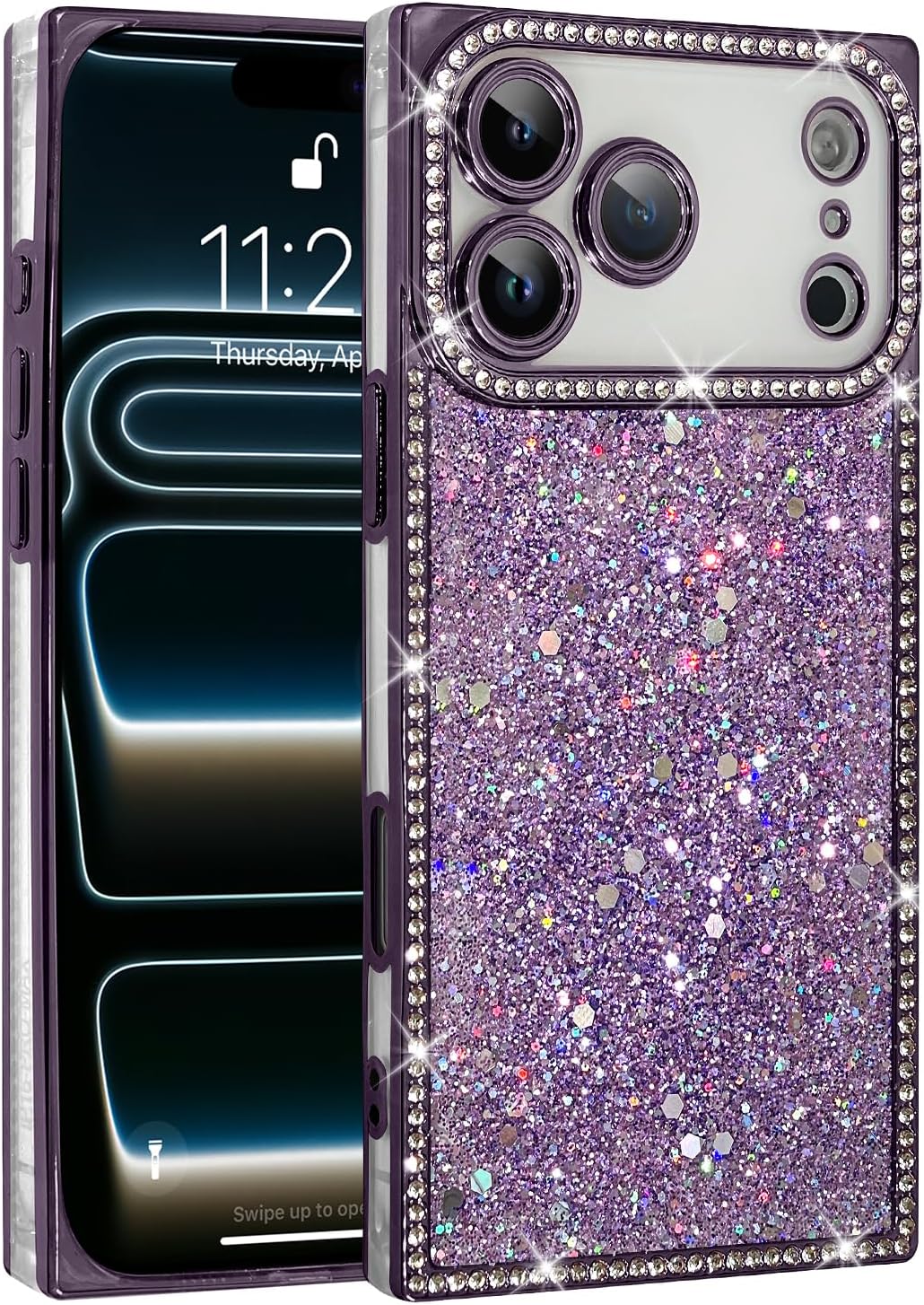 Luxury Glitter for iPhone 17 Pro Max Rectangle Case with Screen Protector, Crystal Diamond Rhinestones Sequin Bling Sparkly Glossy Cute for Women Soft Shockproof Protective Phone Case, Purple