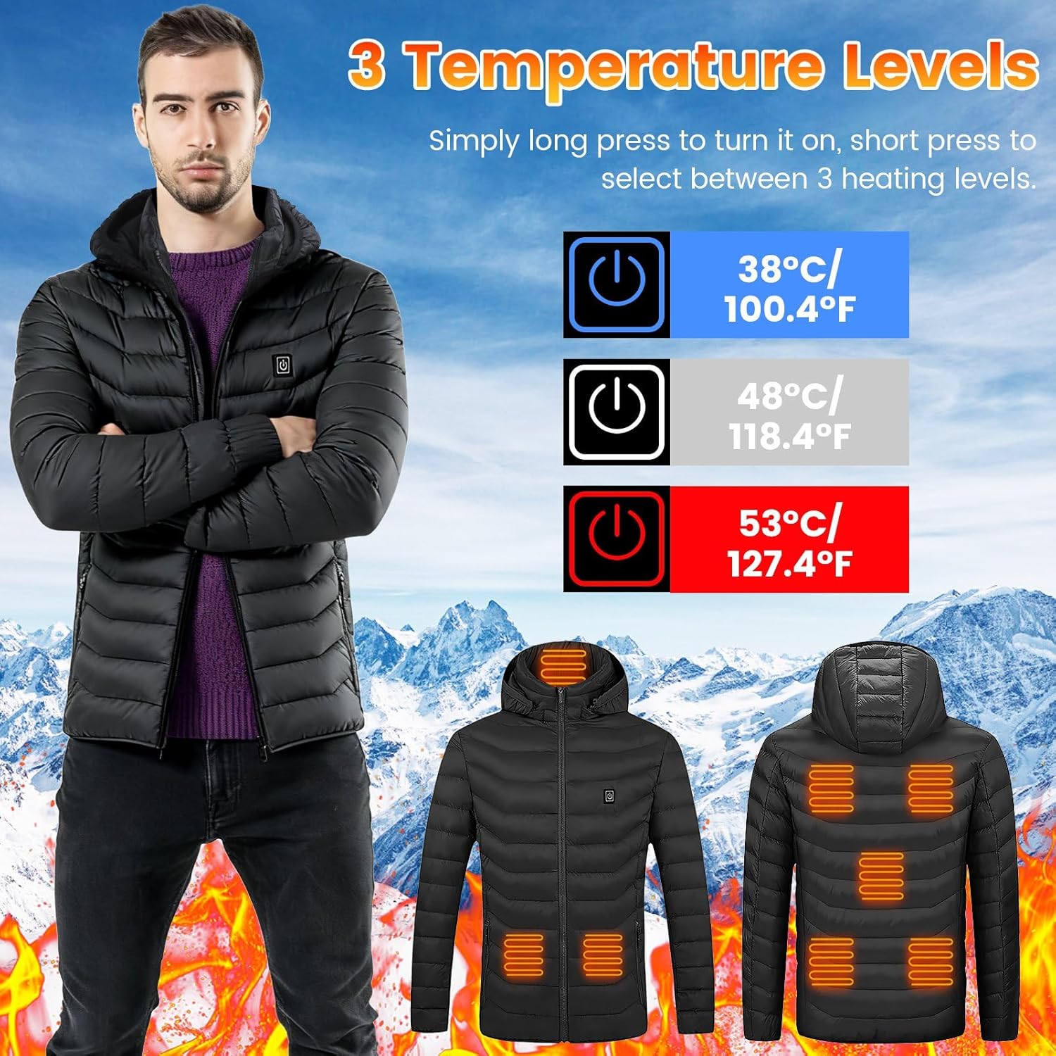 Heated Jacket, Lightweight Winter Electric Heating Coat with 3-Level Heating Modes 8 Heating Zones Detachable Hood Men Women