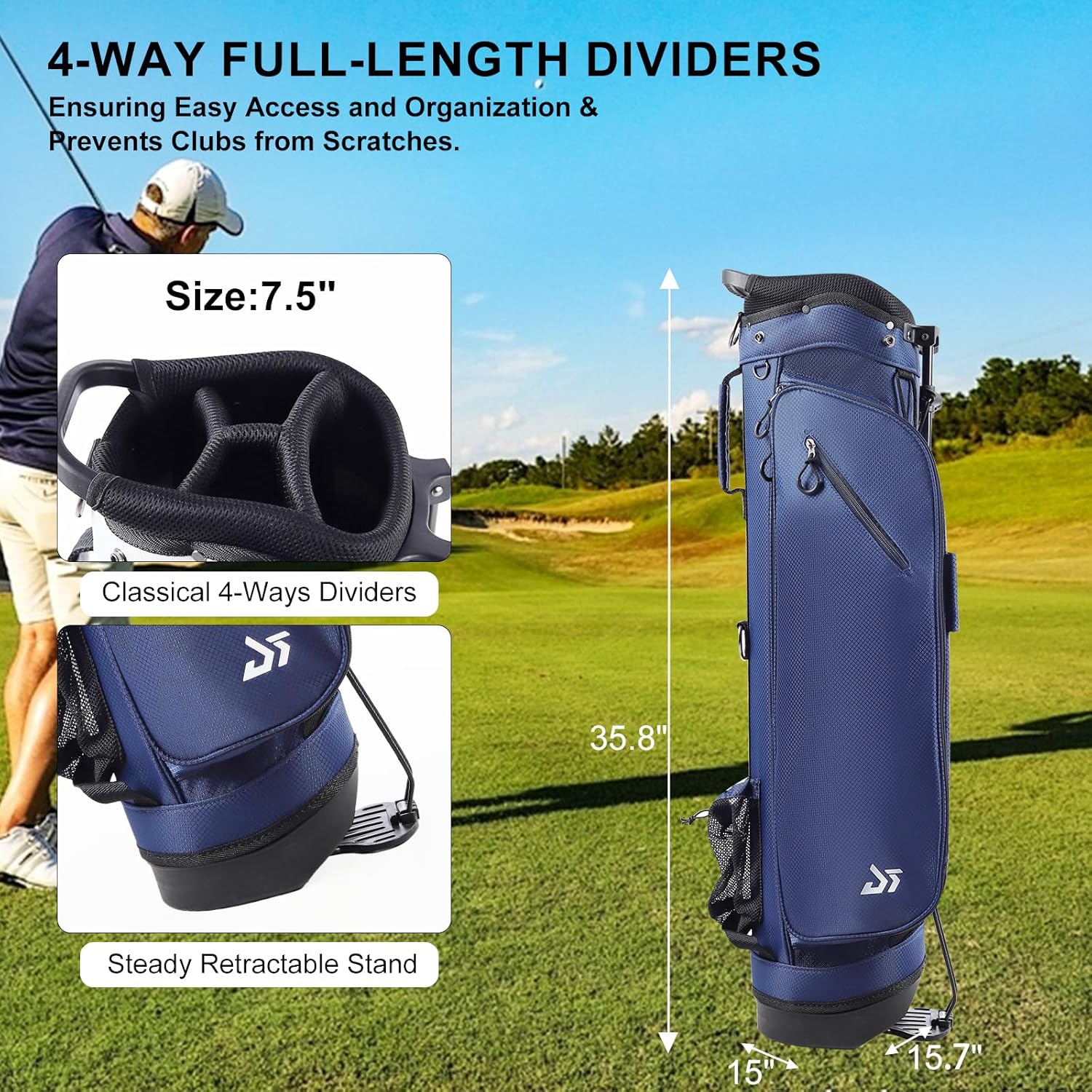 Golf Stand Bag with Cooler Pocket, Lightweight Sunday Carry Bag with Glove Patch & Tee Holder, Portable for Driving Range & Par 3 Course, Men & Women Navy Classic Version