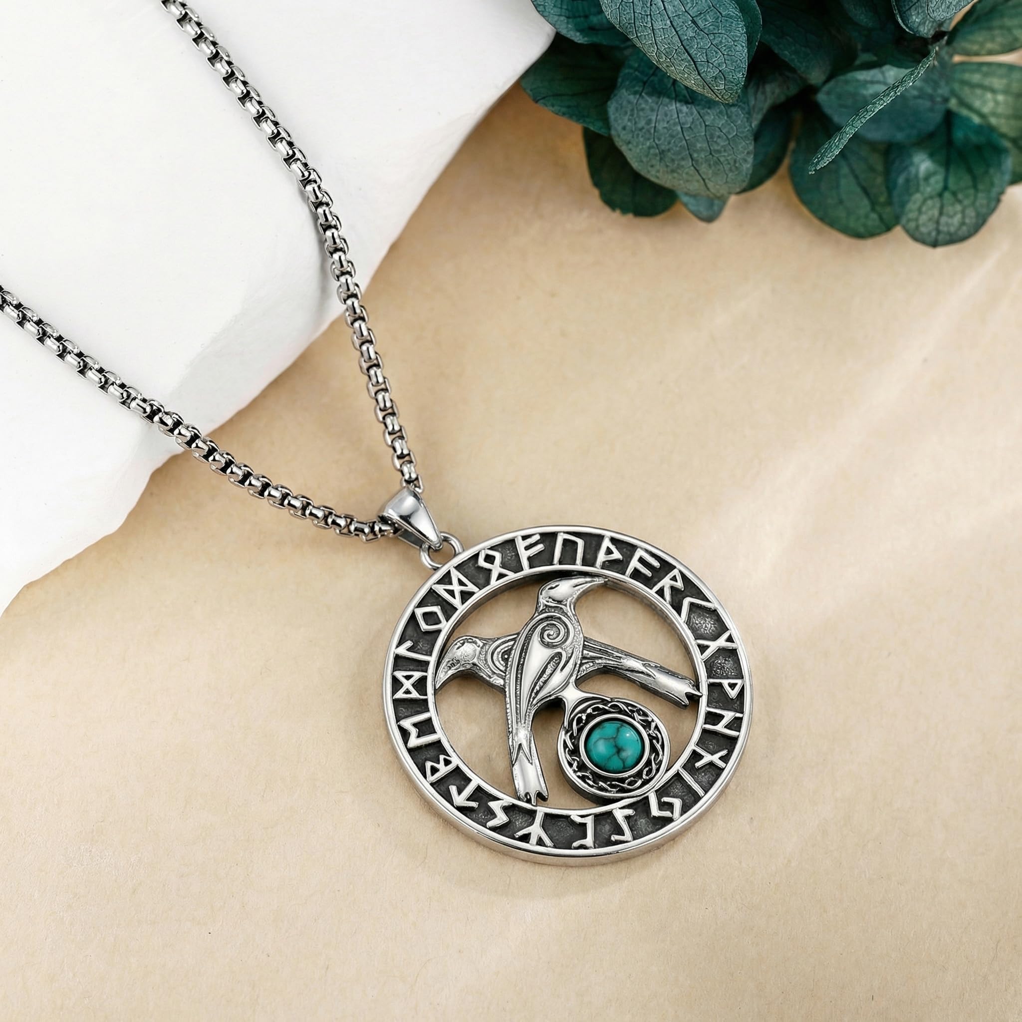 ONEFINITY Collana da uomo in argento Sterling 925, con ciondolo a forma di corvo vichingo, con runa vichinga, turchese, gioiello vichingo, regalo per donne