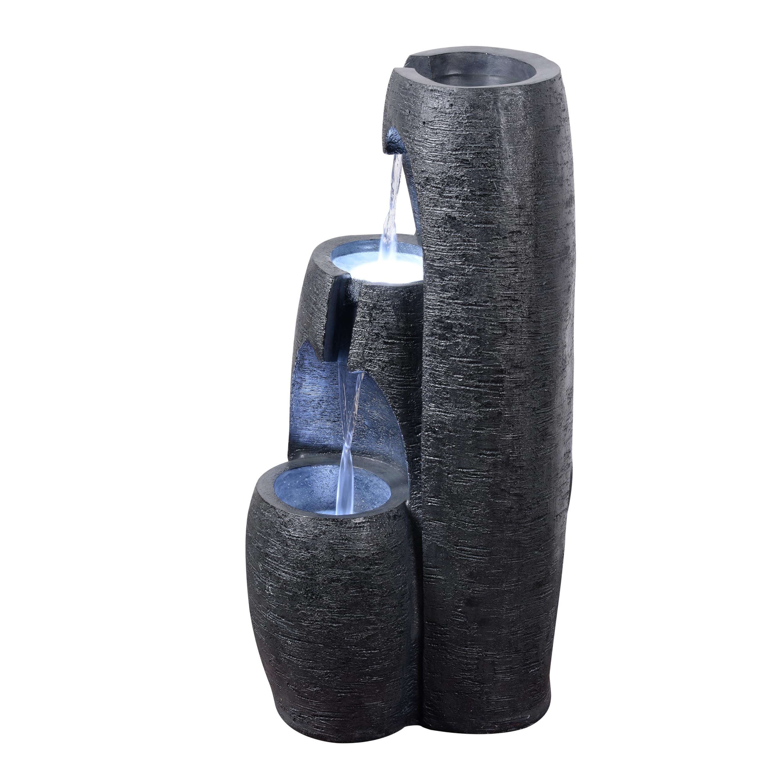 Teamson Home Garten Outdoor Brunnen Moderner 3-stufiger Kaskaden-Urnenbrunnen mit LED-Lichtern, Einstellbarer Fluss, schwarzes Steinoptik-Finish