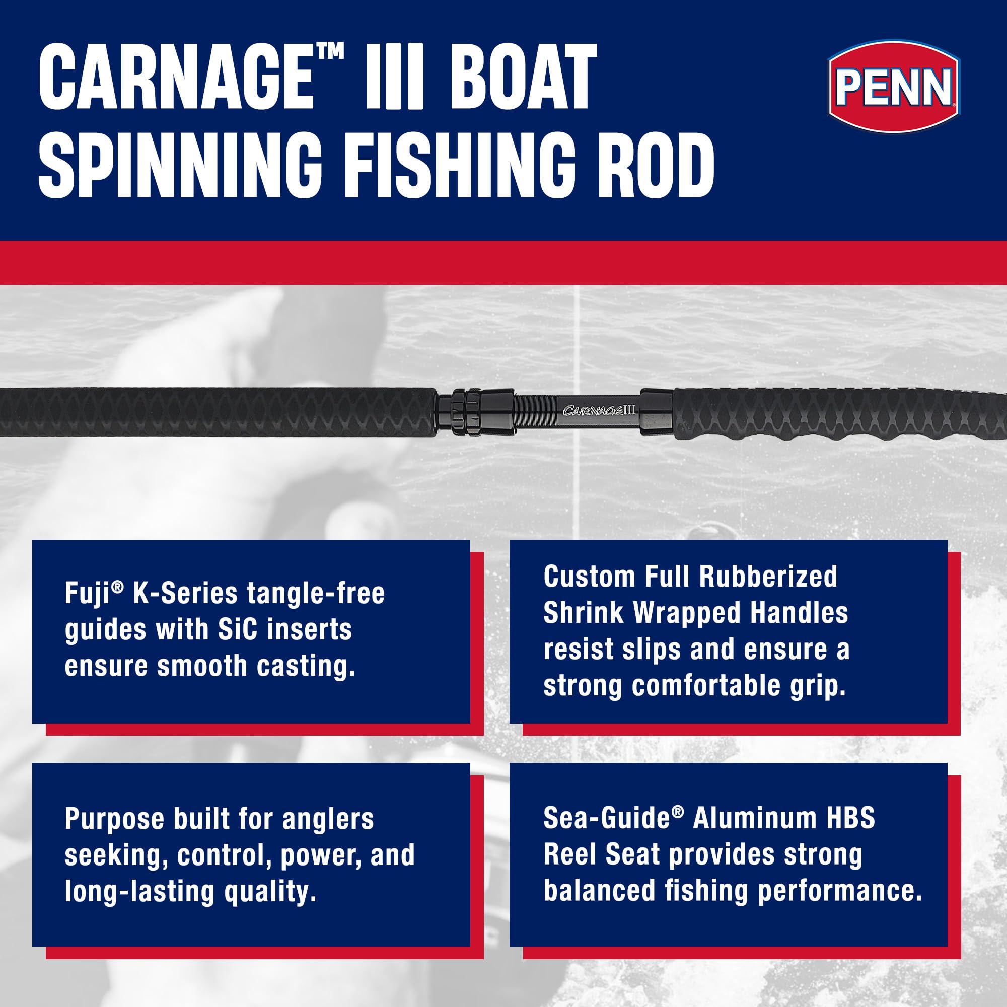 Penn Carnage III Boat Spinning Fishing Rod, Silver/Black/Gold, 6'6