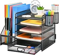 Marbrasse 5-Tier Mesh Desk Organizer with File Holder, Drawer, 2 Pen Holders & Magazine Slots - Space-Saving Office Storage (Black)