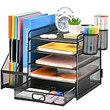 Marbrasse Desk Organizer with File Holder, 5-Tier Paper Letter Tray Organizer with Drawer and 2 Pen Holder, Mesh Desktop Organizer and Storage with Magazine Holder for Office Supplies(Black)