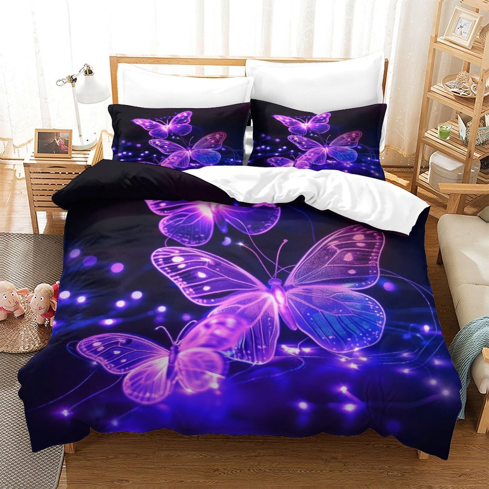 BARDYS Butterfly 3D Print Moths Quilt Cover for Boys Girls Duvet Cover Comforter Covers Bedding Set with Pillow Cases Soft Microfiber with Zipper Closure 3 Pieces Super King（260x220cm）