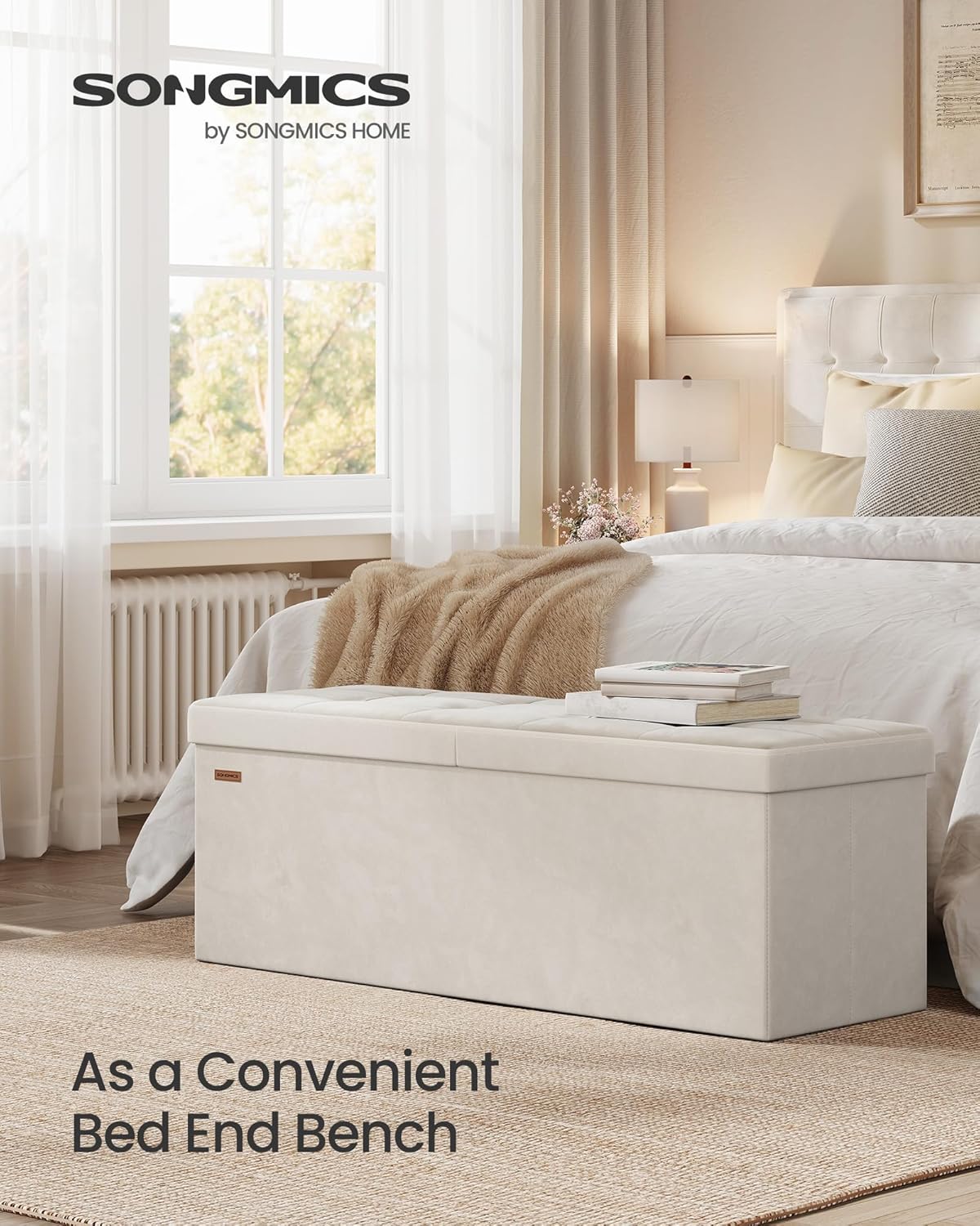 SONGMICS Mazie Collection - 43 Inches Storage Ottoman, Foldable Storage Bench with Flipping Lid, 660 lb Load Capacity, for Entryway, Living Room, Bedroom, Velvet Fabric, Cream White ULSF078LH01 - Image 3