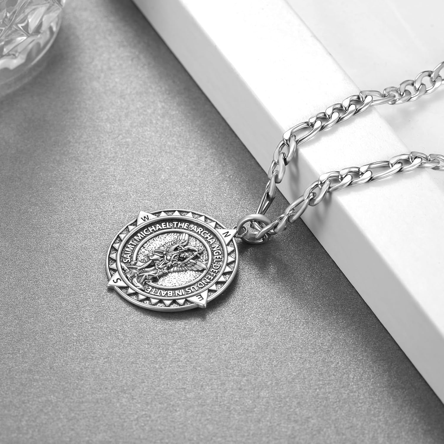 TYSO St Michael Necklace for Men 925 Sterling Silver Archangel Saint Michael Pendant Necklace Compass St Michael Necklace Protect Us Medal Amulet Religious Jewelry Gifts for Men - Image 3