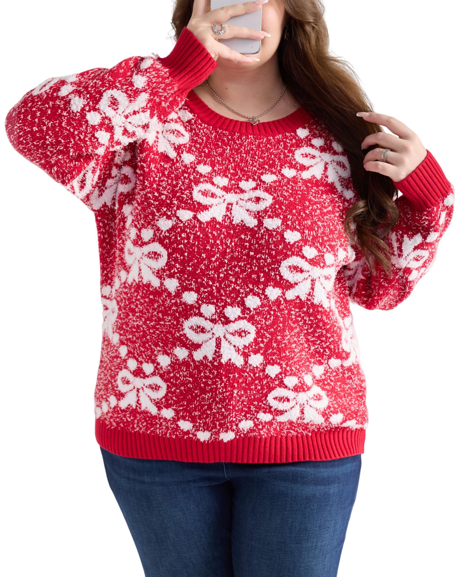 Plus Size Sweaters for Women Crew Neck Long Sleeve Cute Bow Print Christmas Cable Knit Pullover Sweater Tops