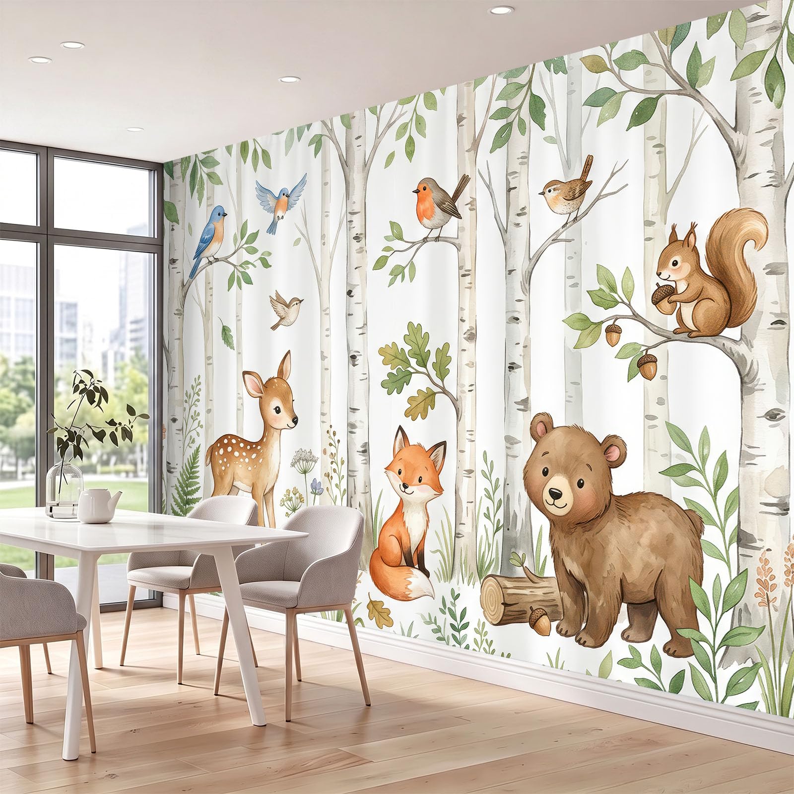 Fototapeta z włókniny, zwierzęta, las, jeleń, lisy, ptaki, fototapety, do salonu, sypialni, tapeta na flizelinie, tapeta ścienna, efekt 3D, 350 x 256 cm