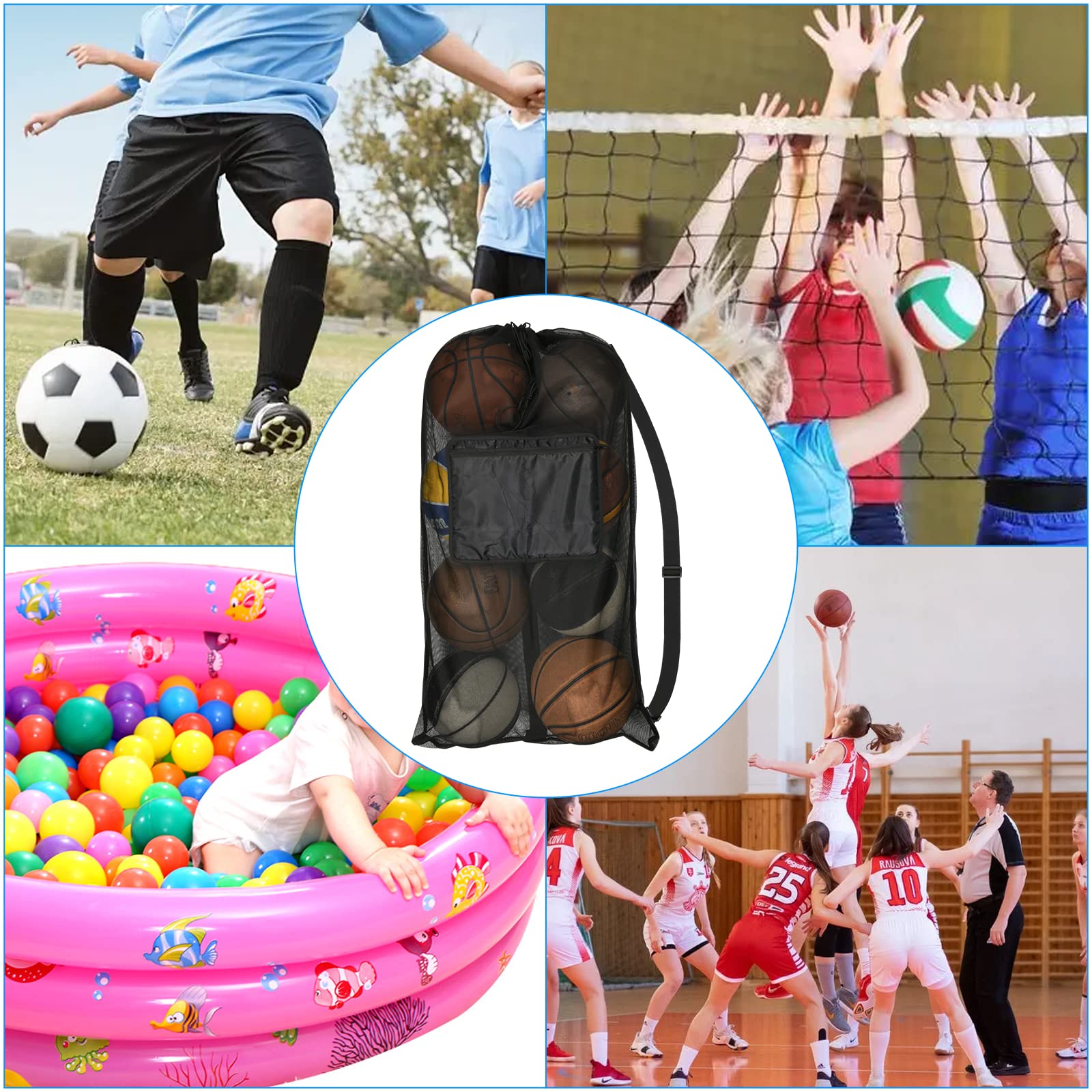 Cosmos Sport Balltasche Mesh Equipment Bag Team Sports Drawstring Bag Large Mesh Net Bag, with Adjustable Strap & Front Pocket for Basketball, Volleyball, Soccer, Rugby, Water Sports and Beach Event