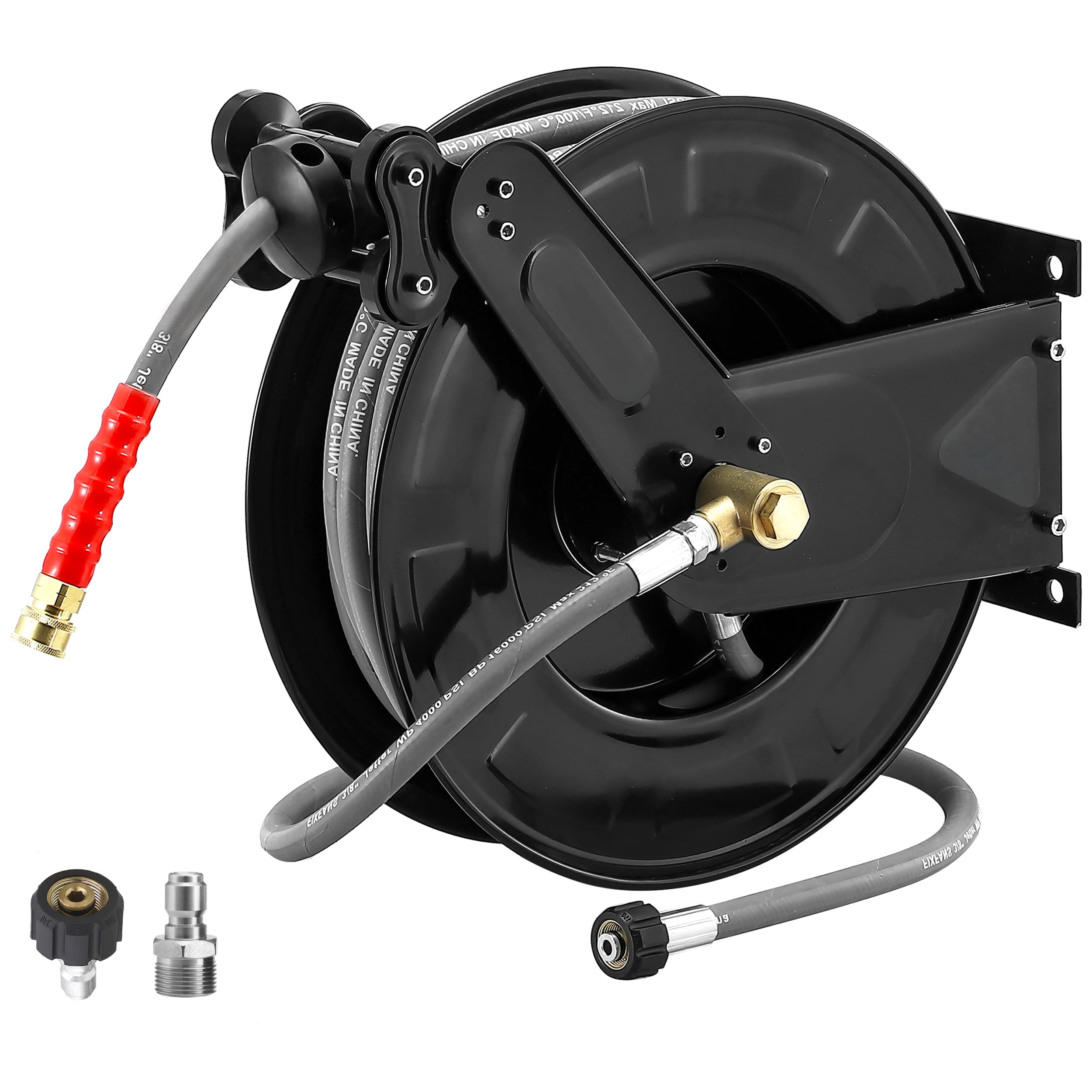 M MINGLE Enrouleur de Tuyau pour Nettoyeur Haute Pression avec Tuyau pour Eau Chaude et Froide, 3/8" x 15 m, Enrouleur de Lavage Automatique en Acier, Montage Murale, Tuyau Tressé Acier 280 bar, Noir