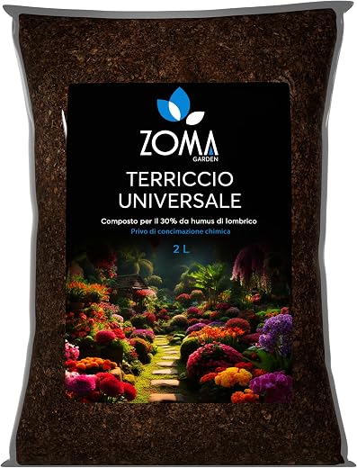 Zoma Terriccio Universale di Qualità Superiore, Terra Per Piante Con il 30% Di Humus Di Lombrico Senza Compostati, Riserva Idrica e Drenaggio ottimale, ricco di Acidi umici e fulvici - Sacco 2 Litri