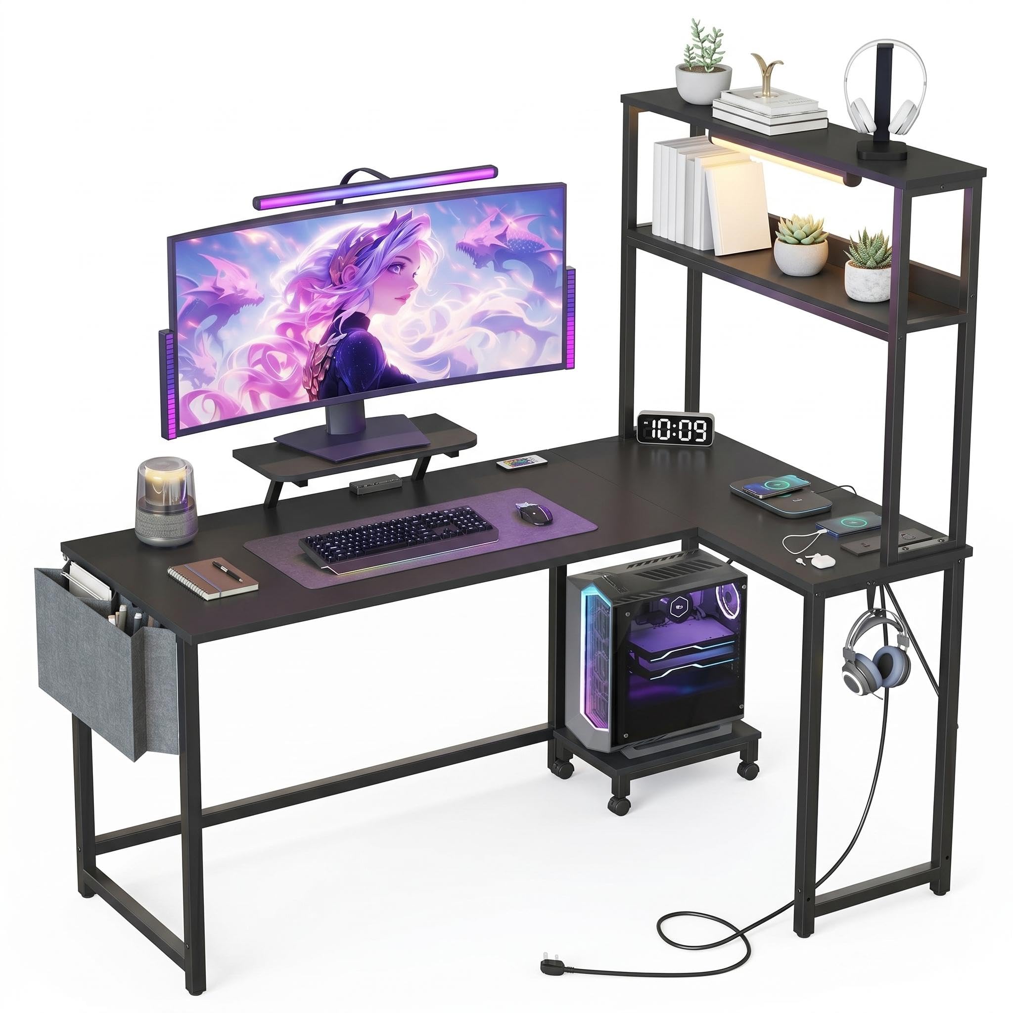 Garvee L-Förmiger Eckschreibtisch mit LED-Beleuchtung & Steckdosen,124 cm Computertisch mit 2-Stufigem Regal &Monitorständer,Gaming Schreibtisch mit CPU-Halter & Kopfhörerhaken für Home Office,Schwarz