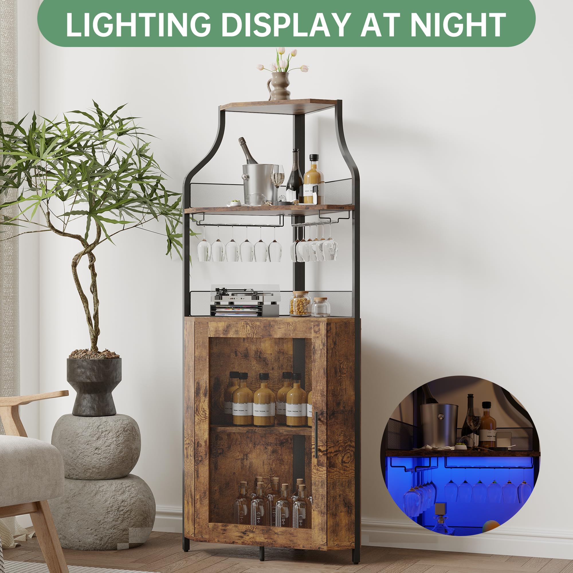 Eck-Weinschrank 154 cm – Bar Schrank Im Industrial Design Mit Glashalter, Gittertür & Verstellbaren Regalen – Platzsparender Eck-Barschrank Für Wohnzimmer, Küche & Esszimmer，Vintage-Farbe +Lampe
