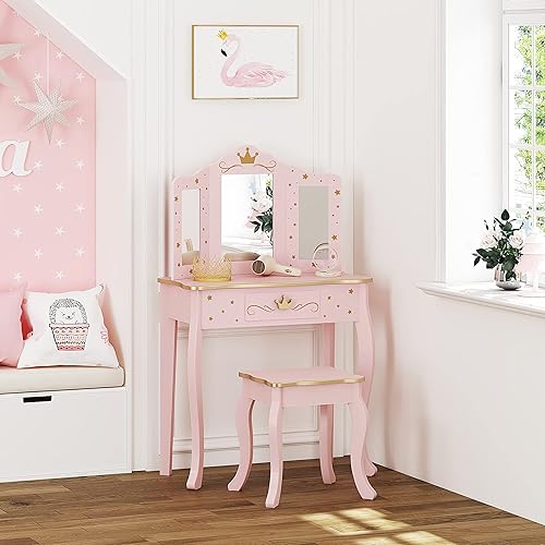 Miniatura 2 de UTEX Kids Vanity Set with Mirror and Stool, Kids Make Up Vanity Desk with Mirrror for Little Girls, Children Makeup Dressing Table with Drawer, Pink