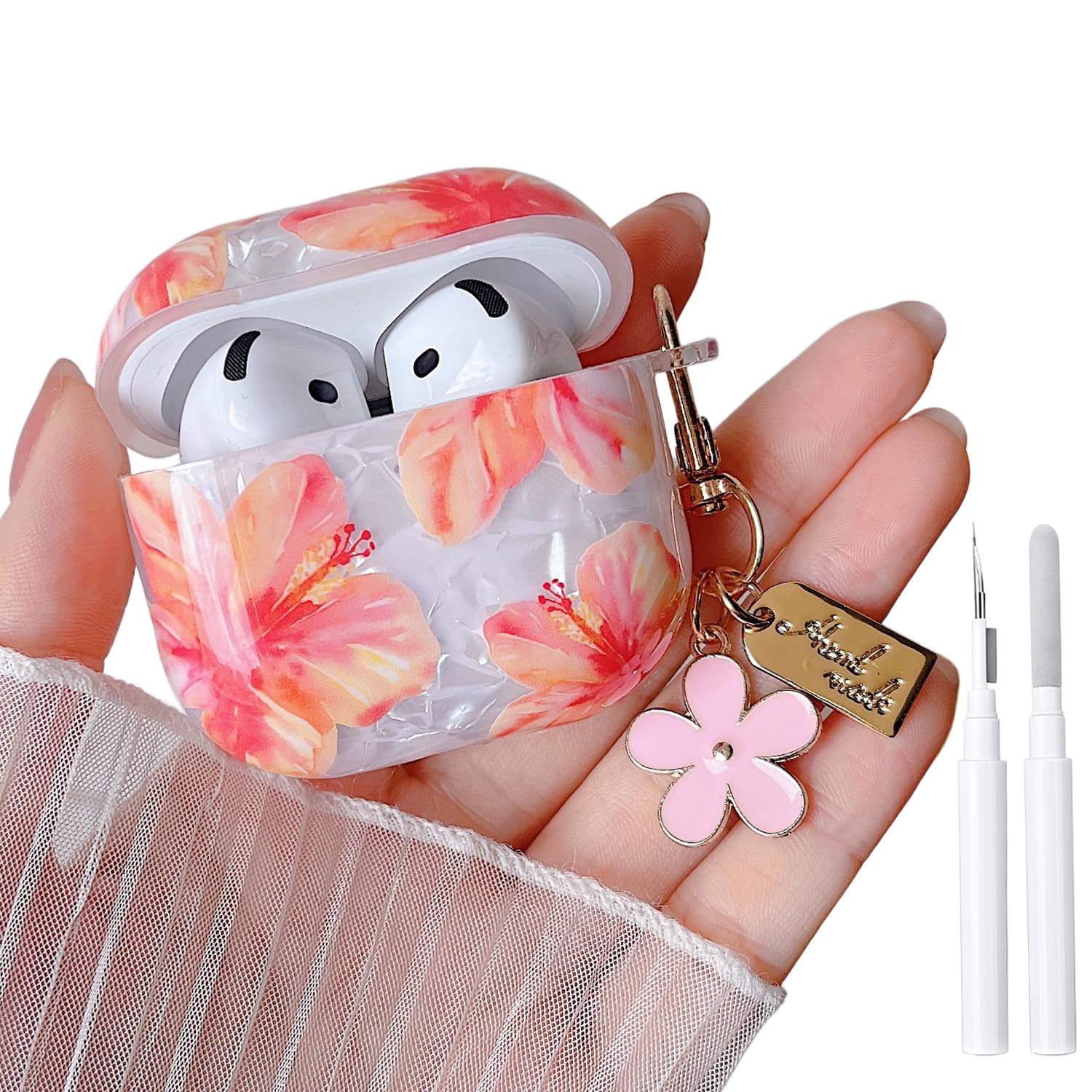 MINSCOSE for Cute Glitter AirPods 4 Clear Case,Shell Pattern Hibiscus Flower Design with Kawaii Floral Keychain,Soft TPU Protective Cover with Cleaner Kit for Girls Women for AirPods 4-Red
