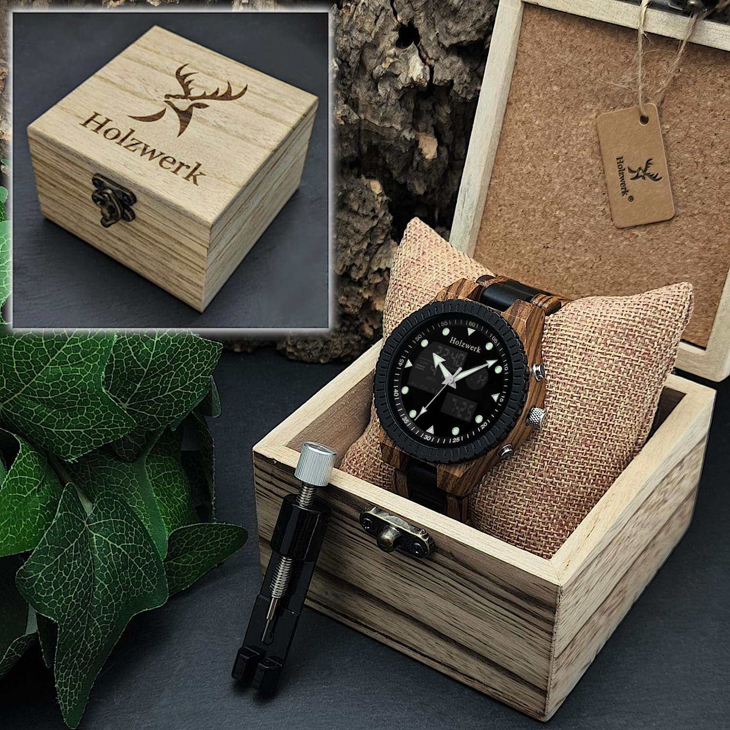 Holzwerk Germany Ręcznie wykonany designerski cyfrowy analogowy zegarek męski ekologiczny naturalny drewniany zegarek bransoletka zegarek LED brązowy czarny, czarny, brązowy