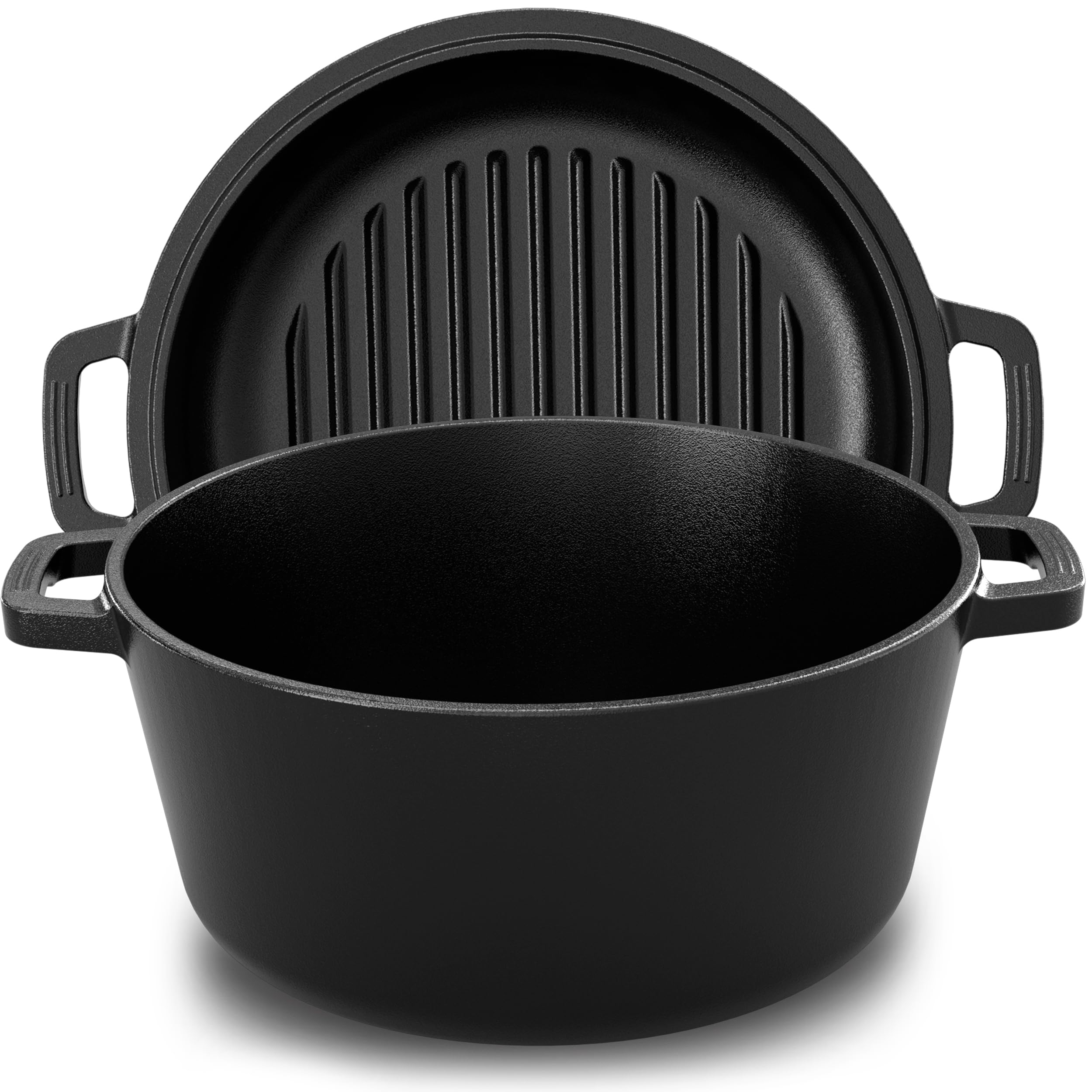 KICHLY 2 en 1 Olla De Hierro Fundido Pre-Sazonada Con Tapa Para Asar - Cocinar Al Horno, Freír, Asar, Guisar, Dorar Y Parrilla - Cocina De Interior Y Exterior