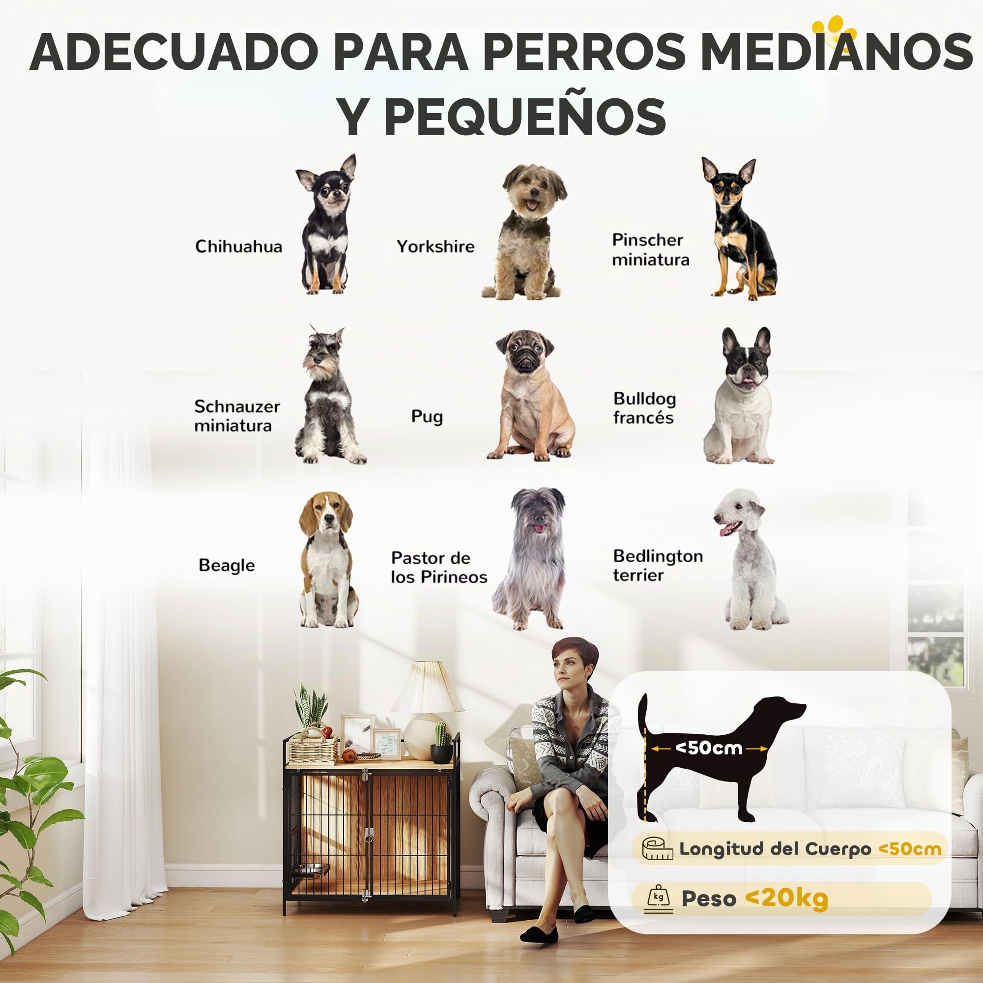 PawHut Jaula para Perros Mesa Auxiliar Moderna Casa para Mascotas con Soporte Giratorio con 2 Tazones 2 Puertas y Estante de Almacenamiento Superior para Perros Medianos 80x56x76,5 cm Roble