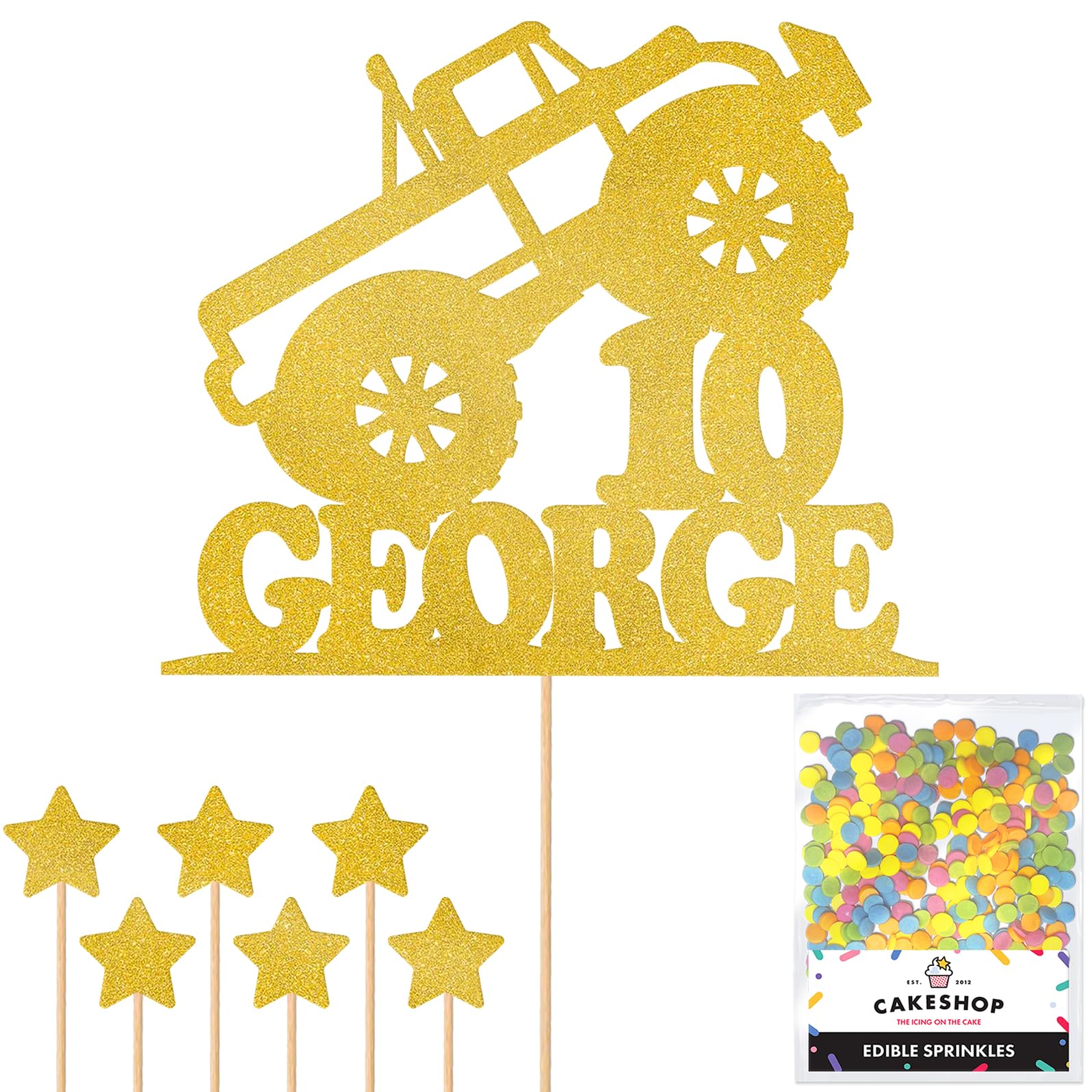 Personalised Monster Truck Glitter Cake Topper- Gold Any Custom Age & Name Glitter Cake Decoration and Sprinkles - Happy Birthday Decorations - Personalised Toppers for Cakes by Cakeshop — image 1