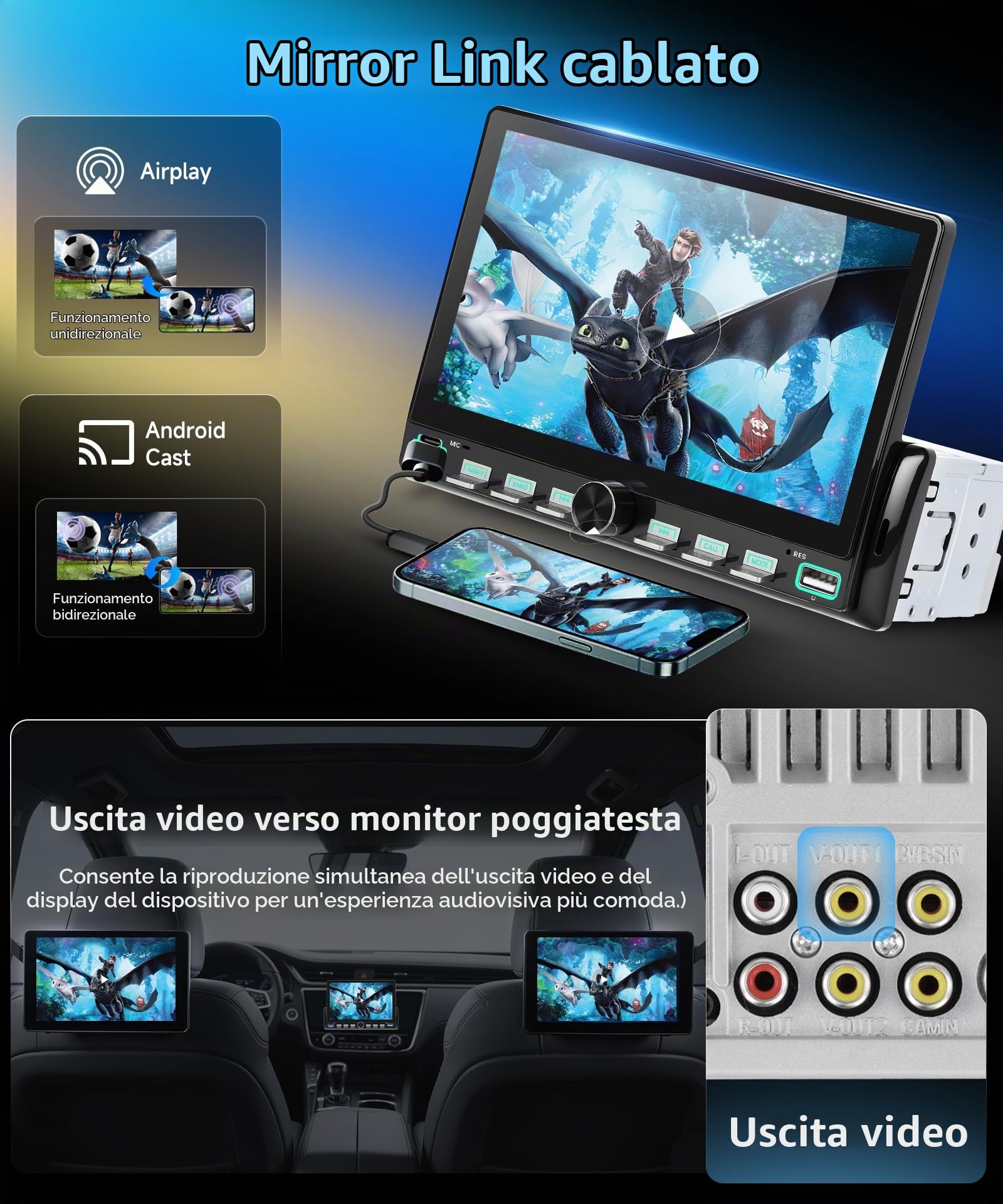 VECHTEL 7" Autoradio 1 Din con carplay wireless Android Auto, radio FM con Blurtooth, sistema di navigazione,2 USB/SD/AUX,con tasti pianoforte,video online,Mirror Link,telecamera di retromarcia