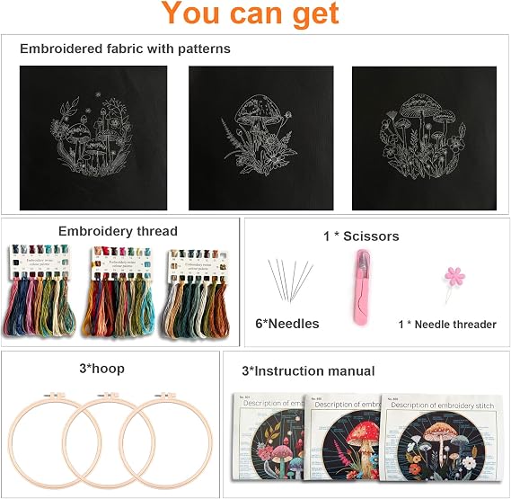 Myfelicity Embroidery Kit with Mushroom Patterns, 3 Hoops, Fabric, Threads, Needles, Instructions (Colourful)