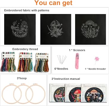 Myfelicity Embroidery Kit with Mushroom Patterns, 3 Hoops, Fabric, Threads, Needles, Instructions (Colourful)