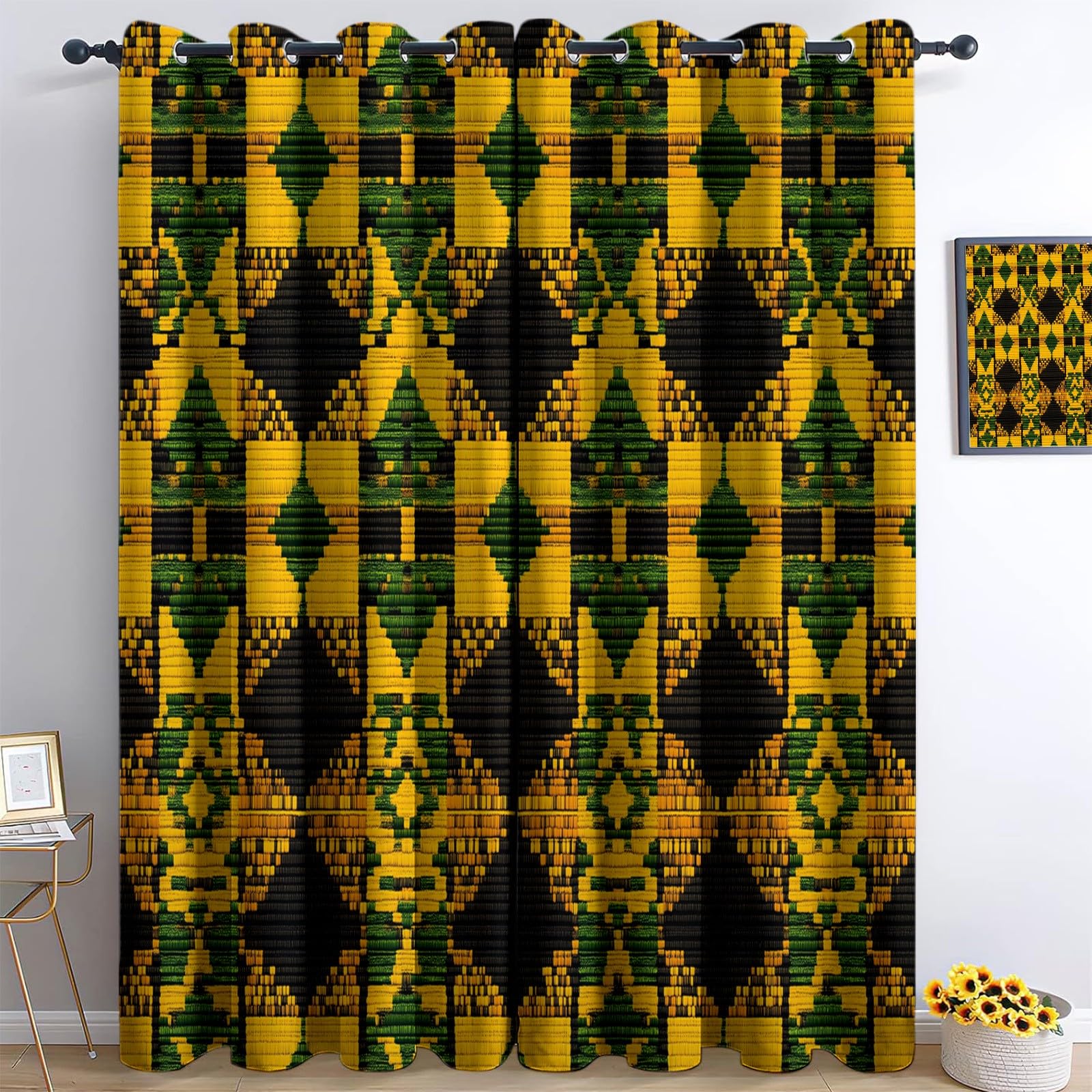 Blackout Curtains For Bedroom - Super Soft 3D Printing Kent Cloth Pattern Bedroom Eyelet Curtains 46” W x 90” L Drop Noise Reduce Panels For Nursery For Home Decoration, 2 Pcs