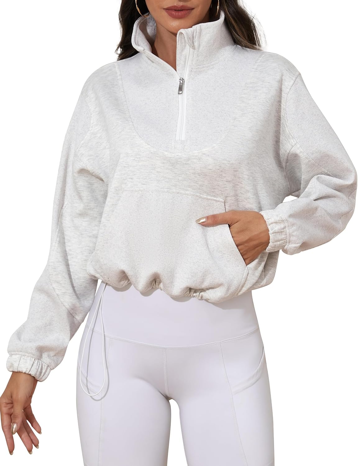 kayamiya Women's Soft Ribbed Half Zip Cropped Sweatshirt Stand Collar Drawstring Lightweight Pullover with Pockets