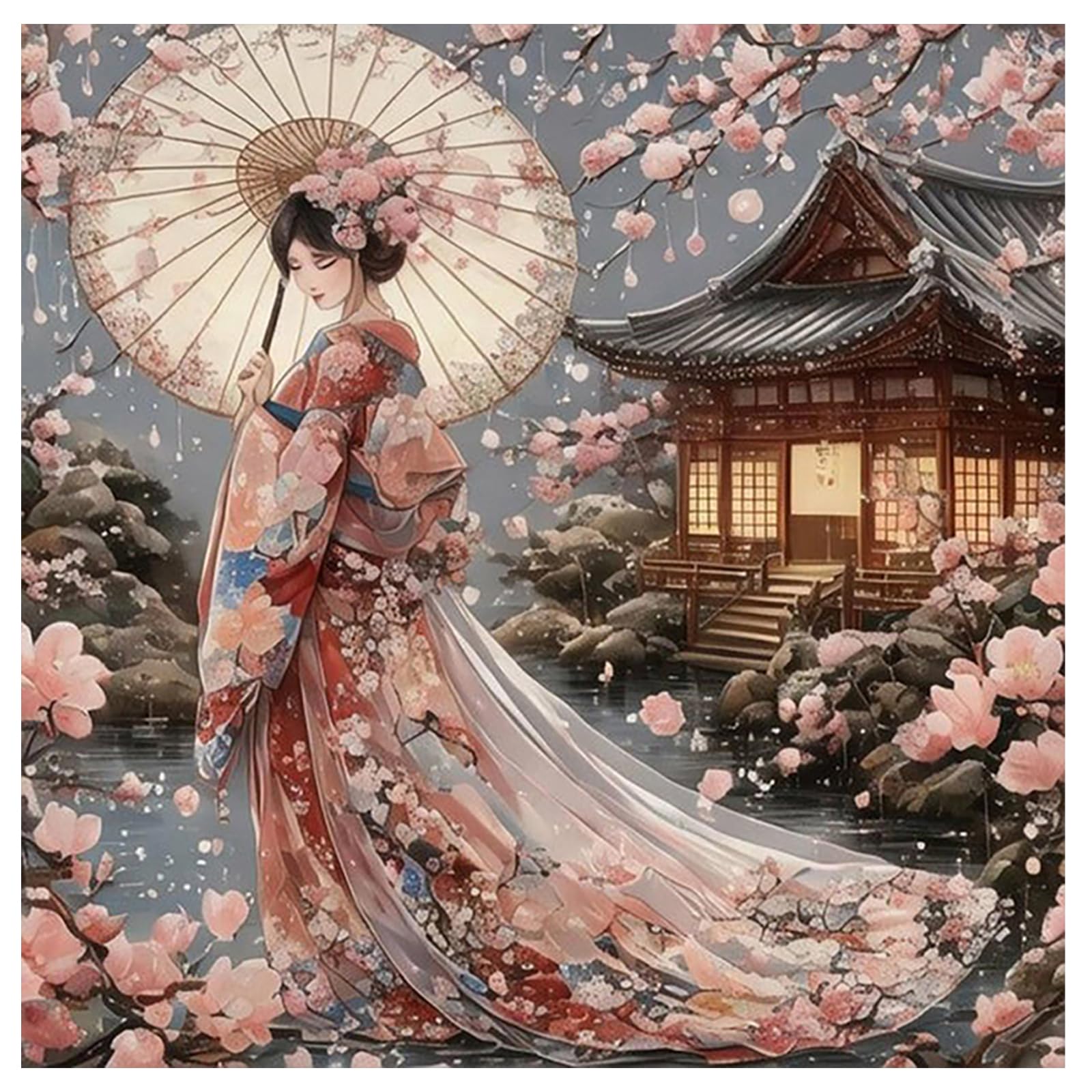 SHEGZHUC 40 x 40 cm Diamond Painting Giapponese Donna Mosaico Diamante Geisha Fiori di ciliegio Pittura Arte Ricamo Punto Croce Regalo Decorazione