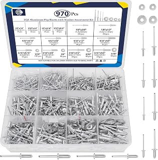 ZQZ 970Pcs Aluminum Pop Rivets with Washer Assortment Kit, 14 Sizes Silver Rivets with 3/32" 1/8" 5/32" 3/16" Blind Rivets, Assorted Pop Rivets Set